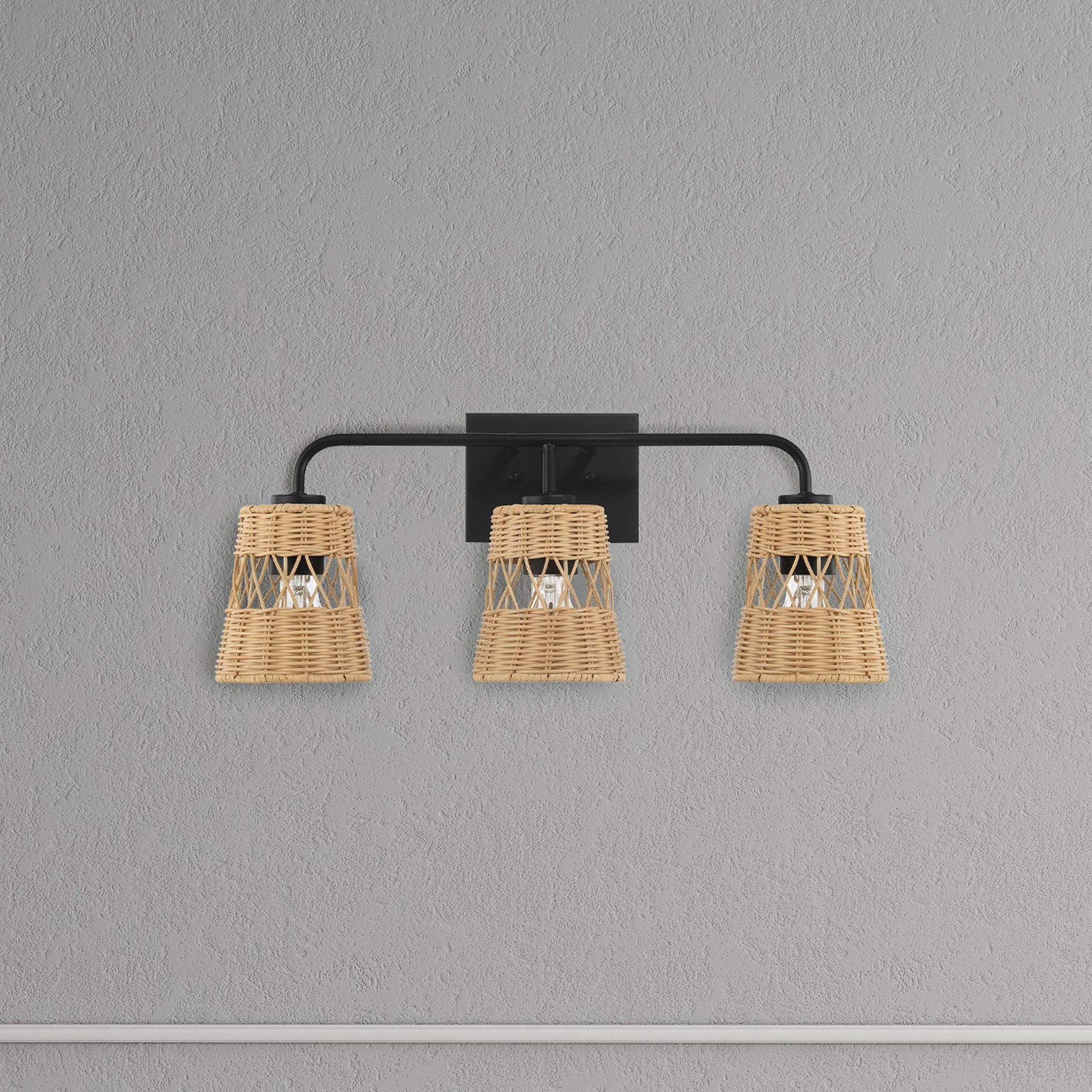 Stylish Three-Light Wall Sconce with Rattan Shade, Metal Finish, Bathroom Lighting Fixture Over Mirror, 6.5" L x 22.5" W x 9.5" H, Black