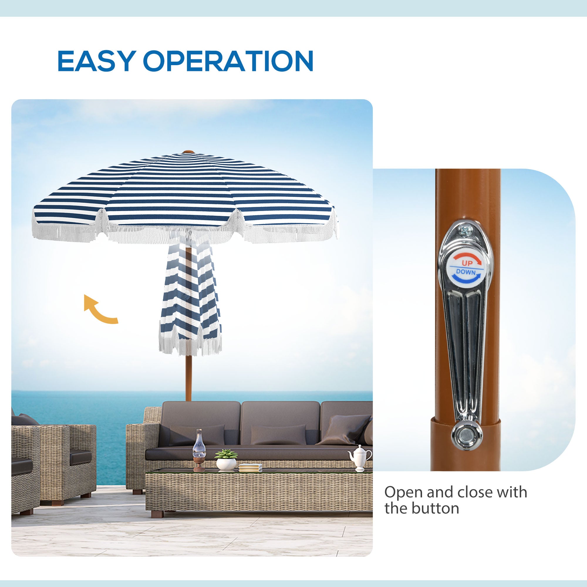 7 x 7 ft Outdoor Umbrella with Tilt, Vent, Patio Market Table Umbrella Parasol with Fringed Ruffles and Flounce, Blue