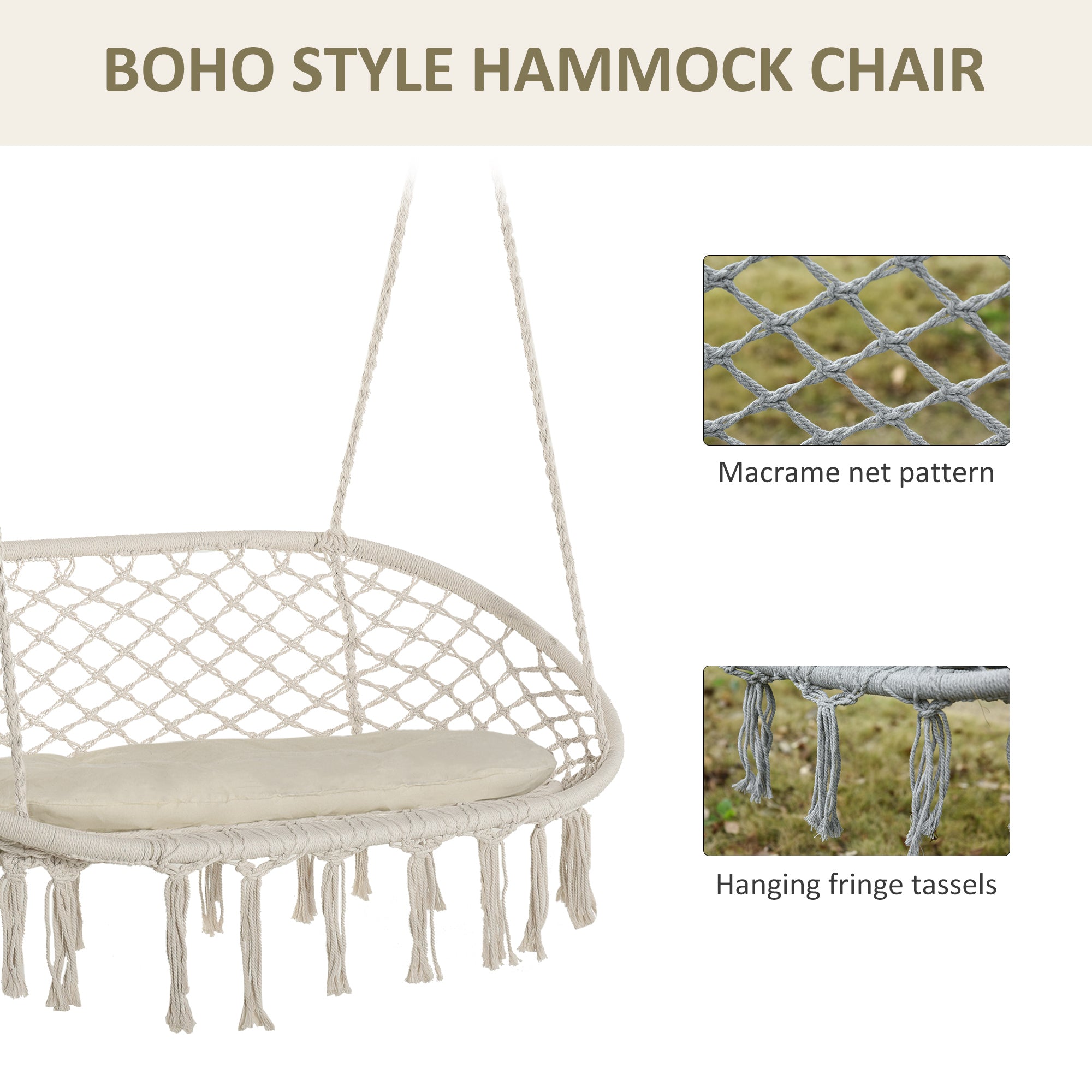 2-Person Hammock Chair Macrame Swing with Soft Cushion, Hanging Cotton Rope Chair for Indoor Outdoor Home Patio Backyard, White
