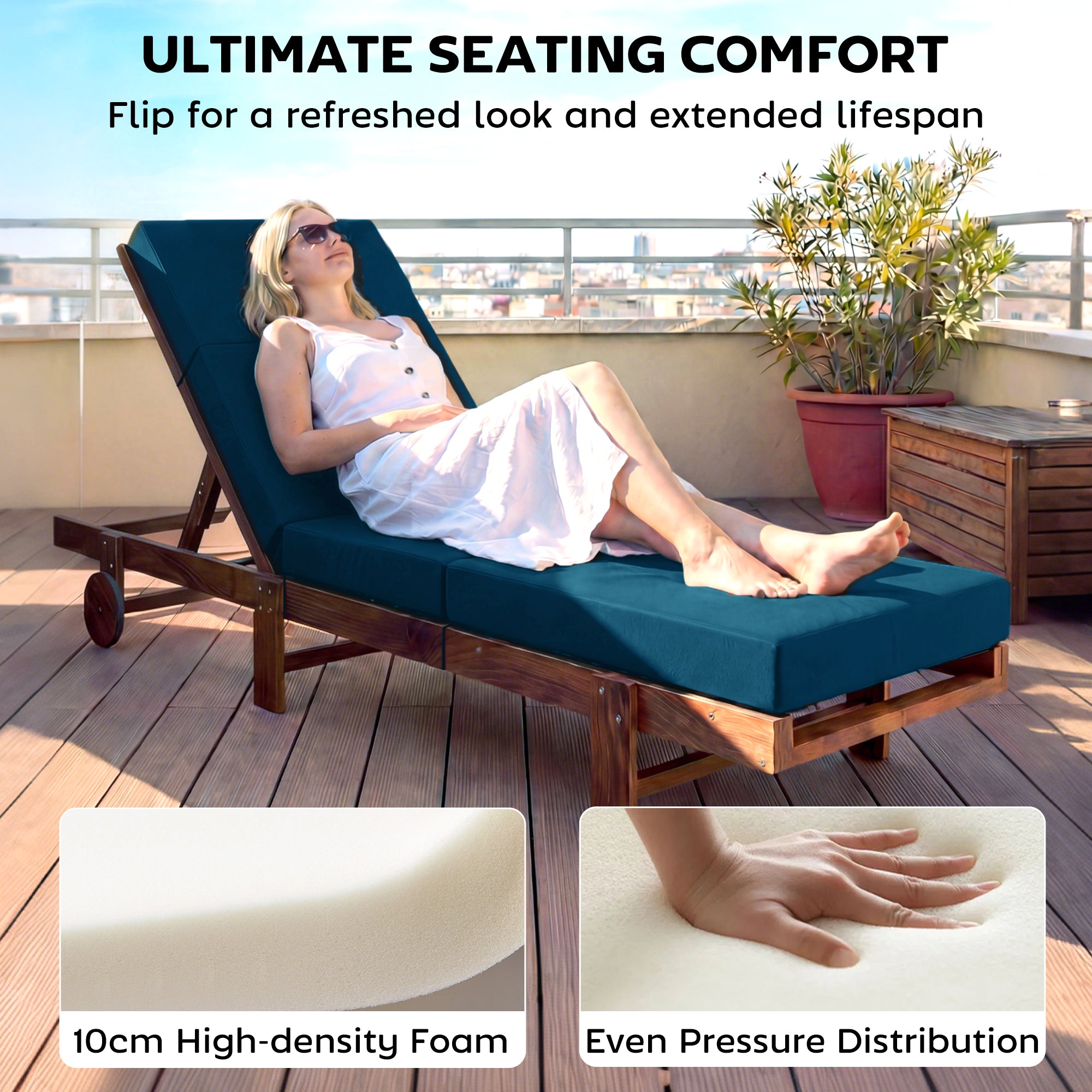 Set of 2 Chaise Lounge Cushion, 4" Thick Outdoor Lounge Chair Cushions with Ties for Patio, 21" x 72", Navy Blue
