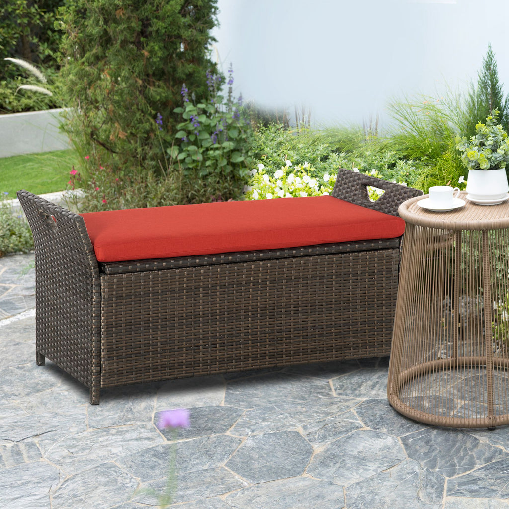 29 Gallon Patio Wicker Storage Bench, Outdoor PE Rattan Furniture, 2-In-1 Large Capacity Rectangle Garden Storage Box with Handles and Cushion, Red