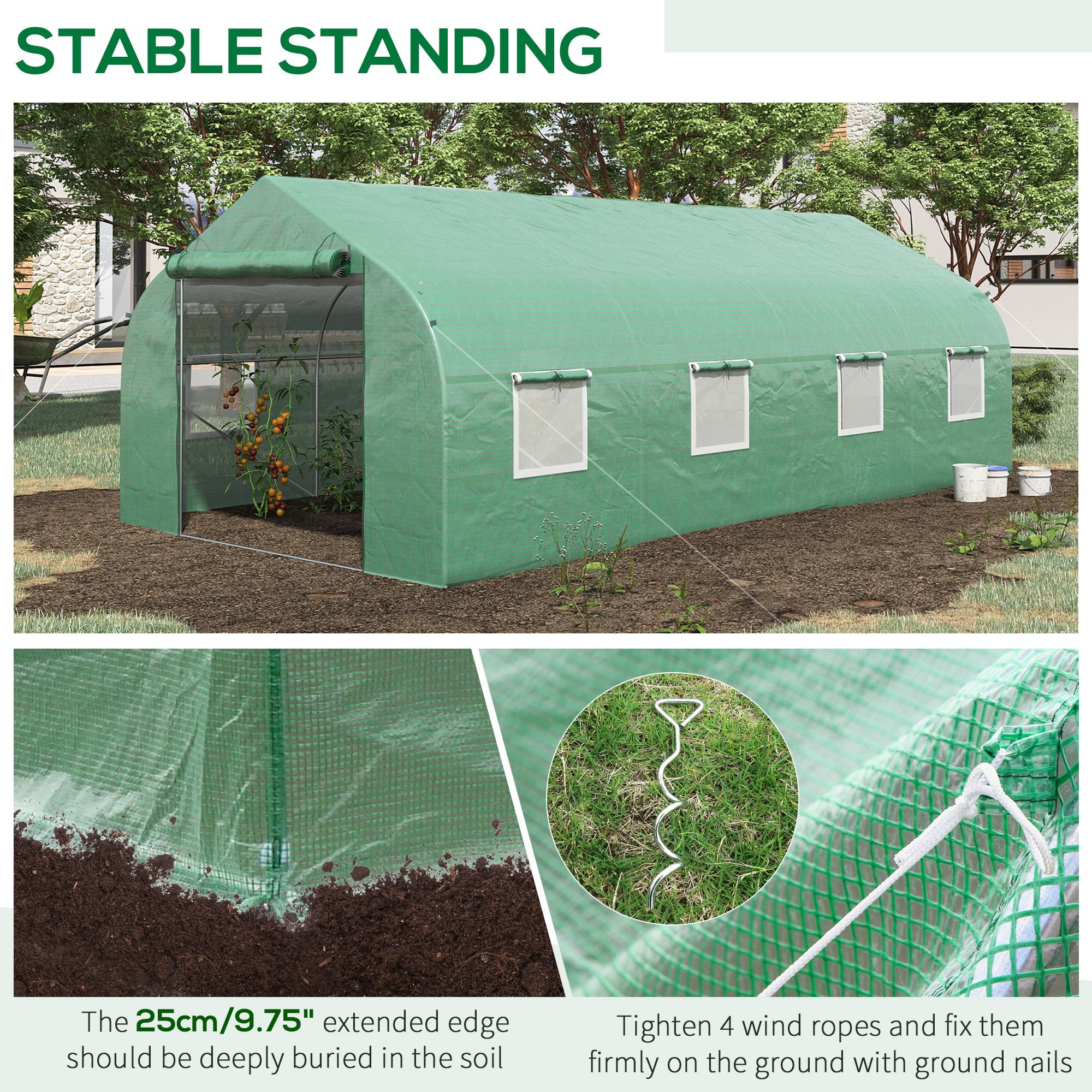 20 x10 x7 ft Walk-in Tunnel Greenhouse with Zippered Mesh Door and 8 Mesh Windows, Gardening Plant Hot House with Galvanized Steel Hoops, Green