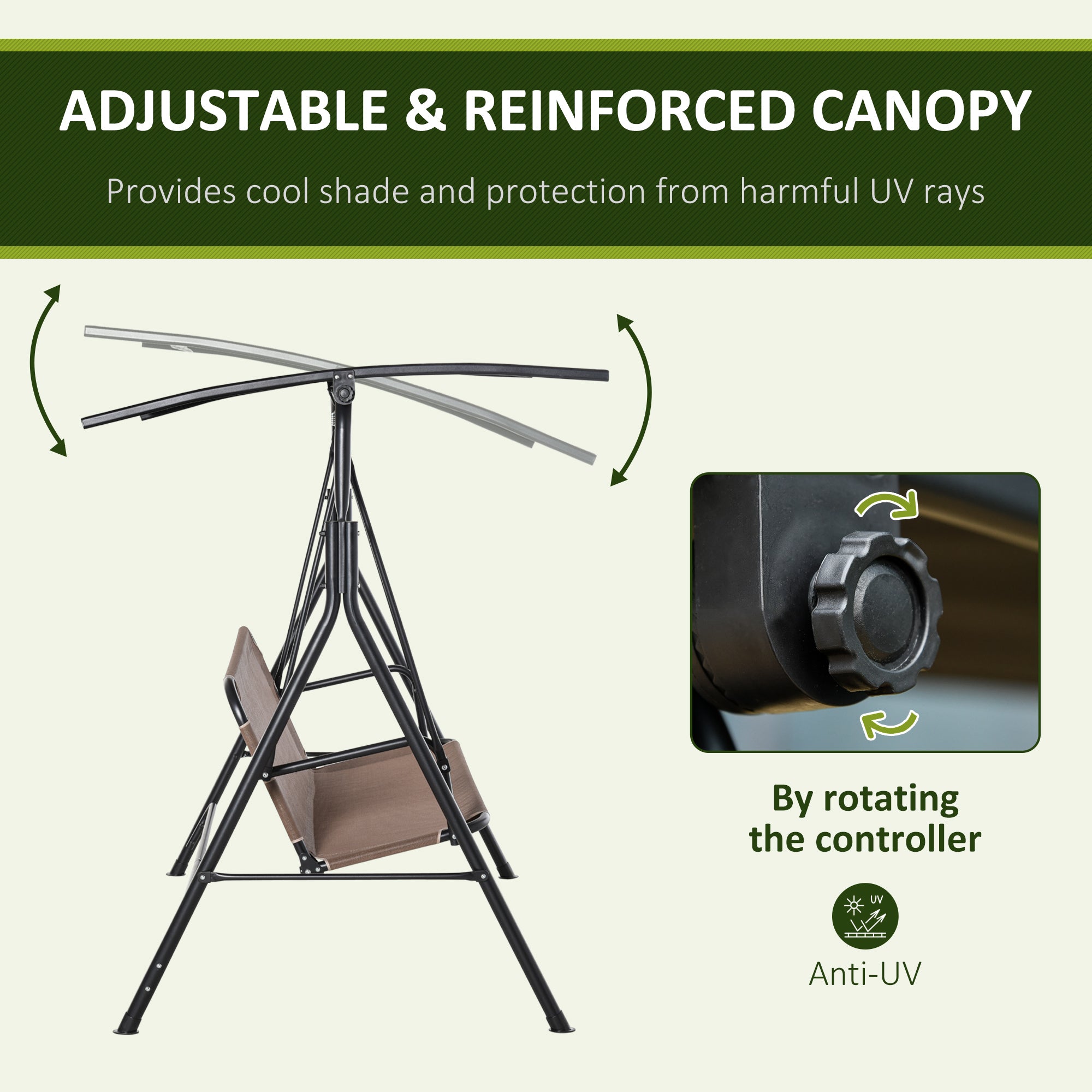 2-Seater Patio Swing Chair, Outdoor Adjustable Canopy Porch Swing with Armrests, Texeline Fabric and Steel Frame, Brown