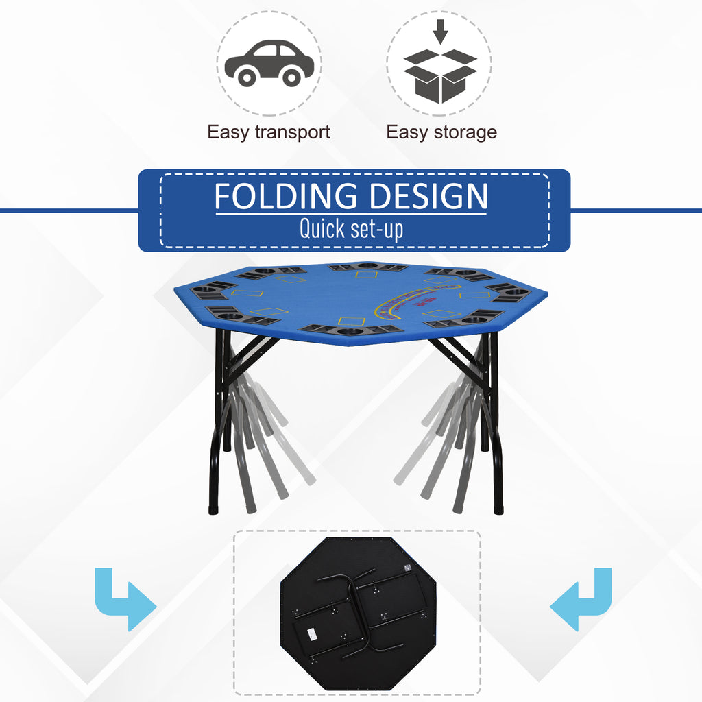 Poker Table Foldable, 47" Octagon Blackjack Poker Game Table for 8 Players with Cup Holders and Chips Tray, Blue Felt