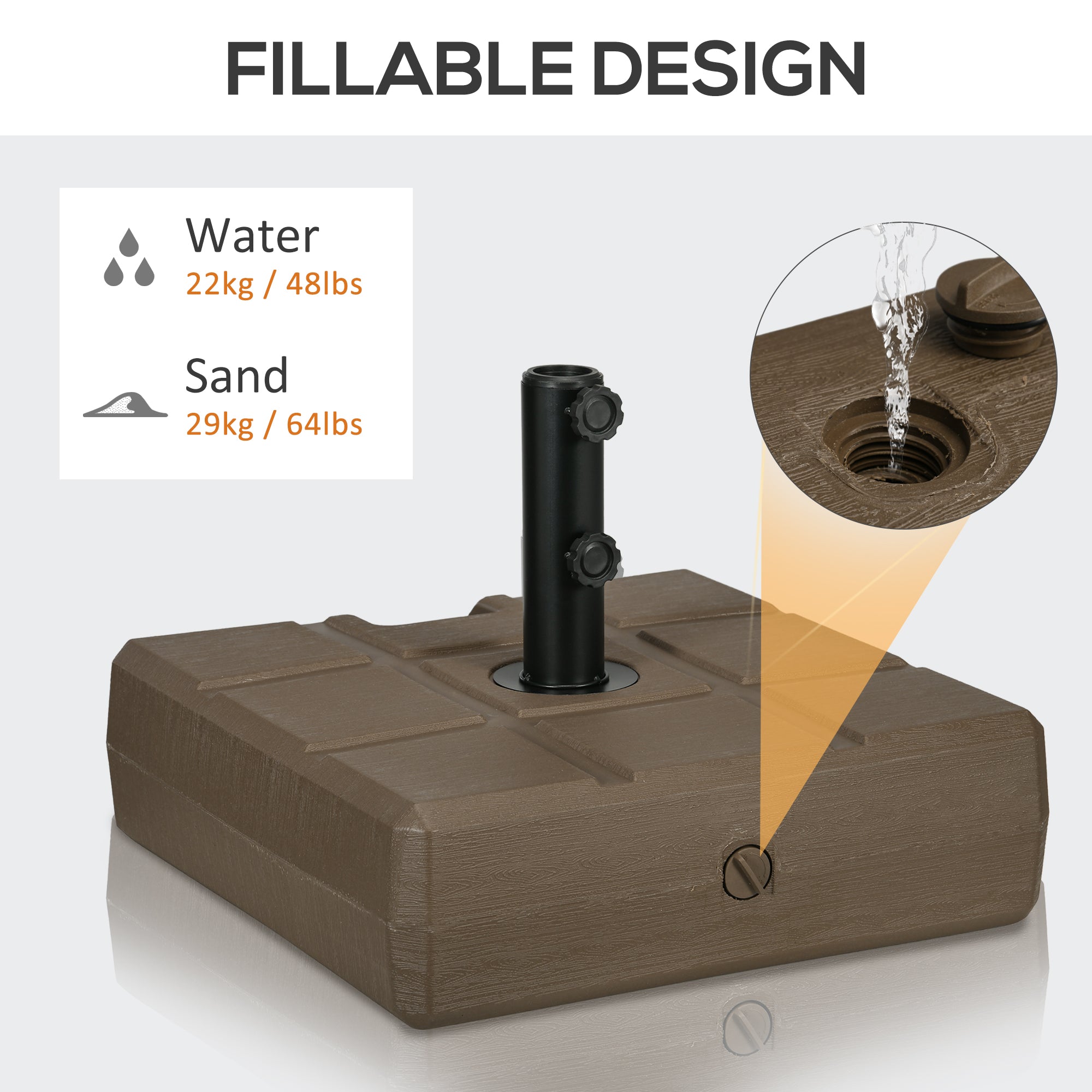 Umbrella Stand for 1.5", or 1.9" Umbrella Poles, Fillable Umbrella Base, Brown