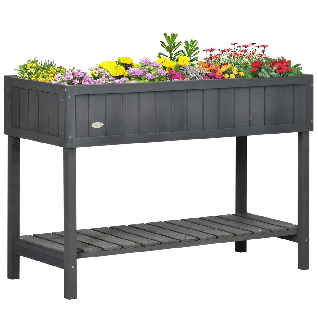 Wooden Raised Garden Bed, Elevated Planter Box Stand with 8 Slots and Open Shelf, Dark Gray