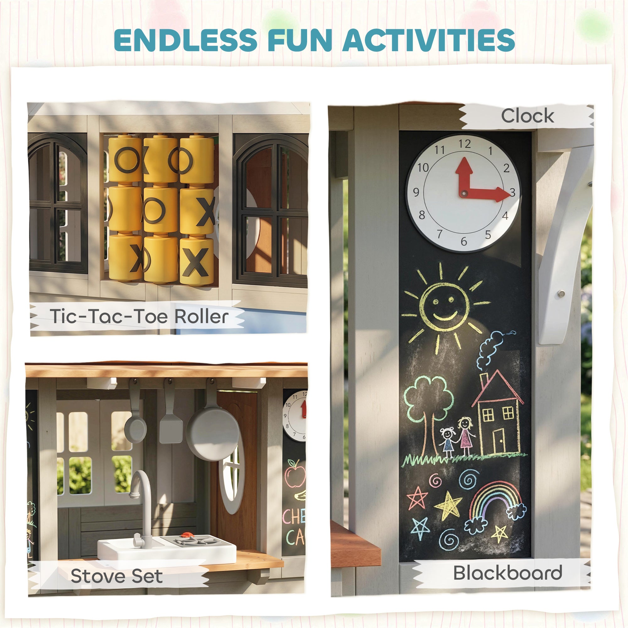 Outdoor Playhouse, Wooden Kids Playhouse with Dog Door, Cookware, Blackboard, Clock, Tic-Tac-Toe Roller for Backyard