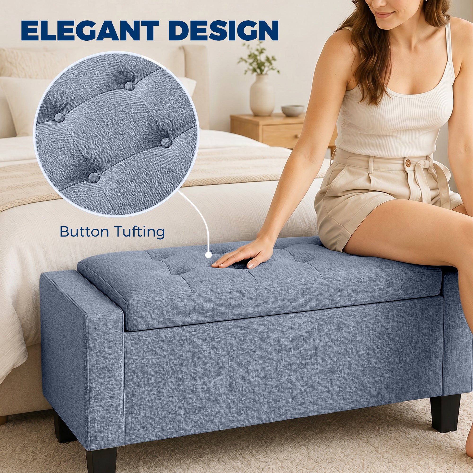 Storage Ottoman, Storage Bench with Wooden Legs, Tufted Armrests for Entryway, Living Room, Bedroom, 36.6", Dark Gray