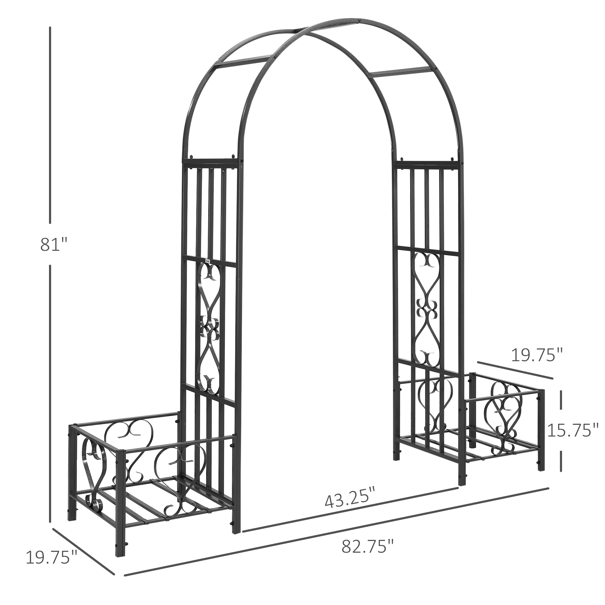 6.7' Steel Garden Arch Arbor with Scrollwork Hearts, Planter Boxes for Climbing Vines, Ceremony, Weddings, Party, Backyard, Lawn, Dark Gray