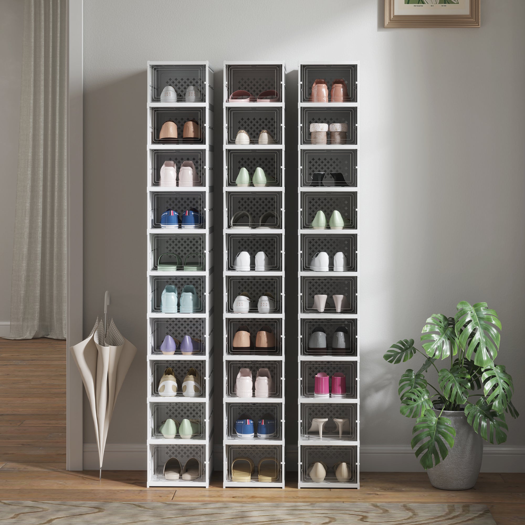 Stackable Plastic Shoe Boxes, 10 Pack Foldable Shoe Storage Boxes with Clear Door, No Assembly, Fit Size 10, White