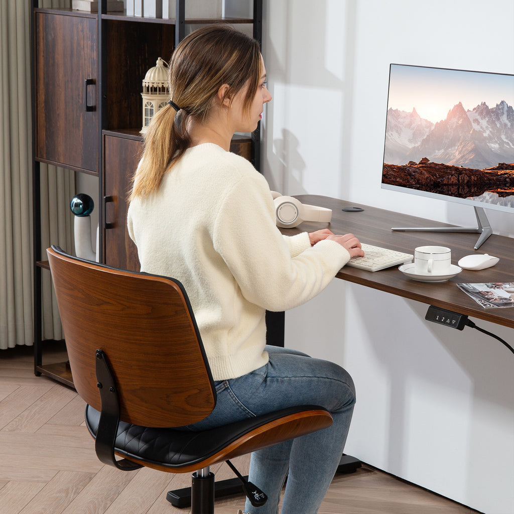 Home Office Chair No Arms with Wheels, PU Leather Desk Chair with Adjustable Height, 360 Swivel for Reading, Black