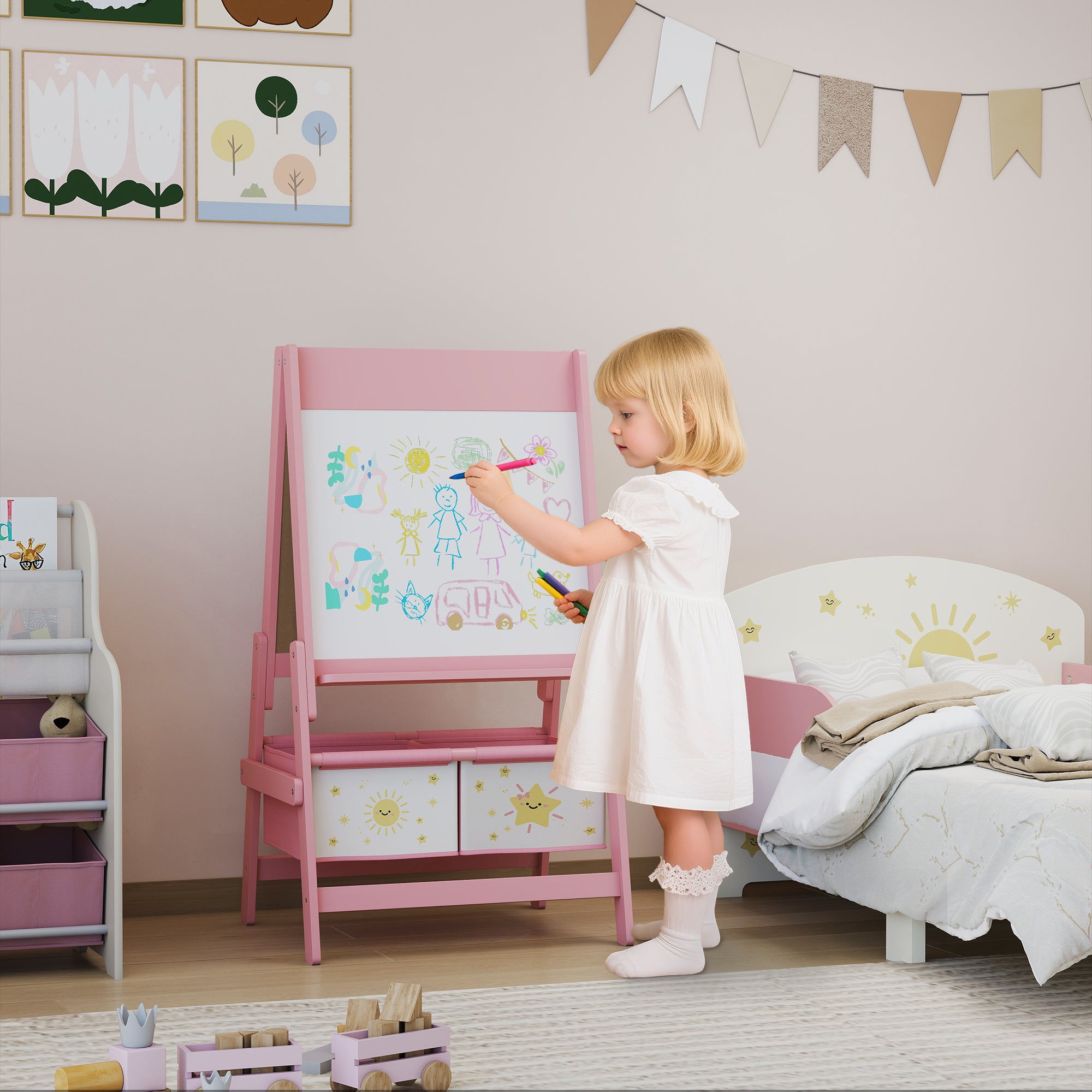 Art Easel for Kids, Double-Sided Whiteboard & Chalkboard with Paper Roll, Storage Baskets for Toddlers Ages 3-8, Pink