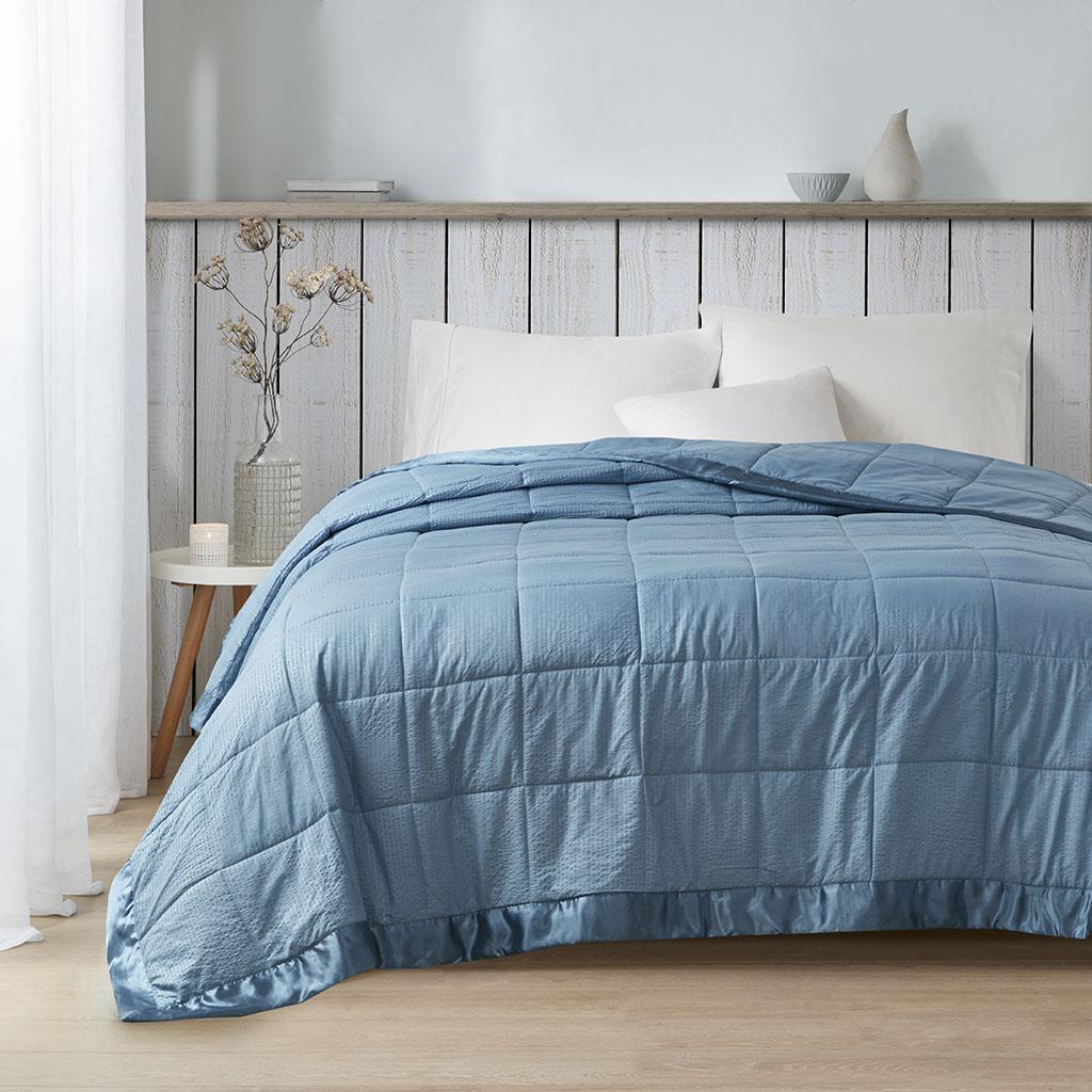 Machine Washable Down Alternative Blanket with Satin Trim, Hypoallergenic Fllling, OEKO-TEX Certified, 96" L x 90" W x 0.25" H, Blue