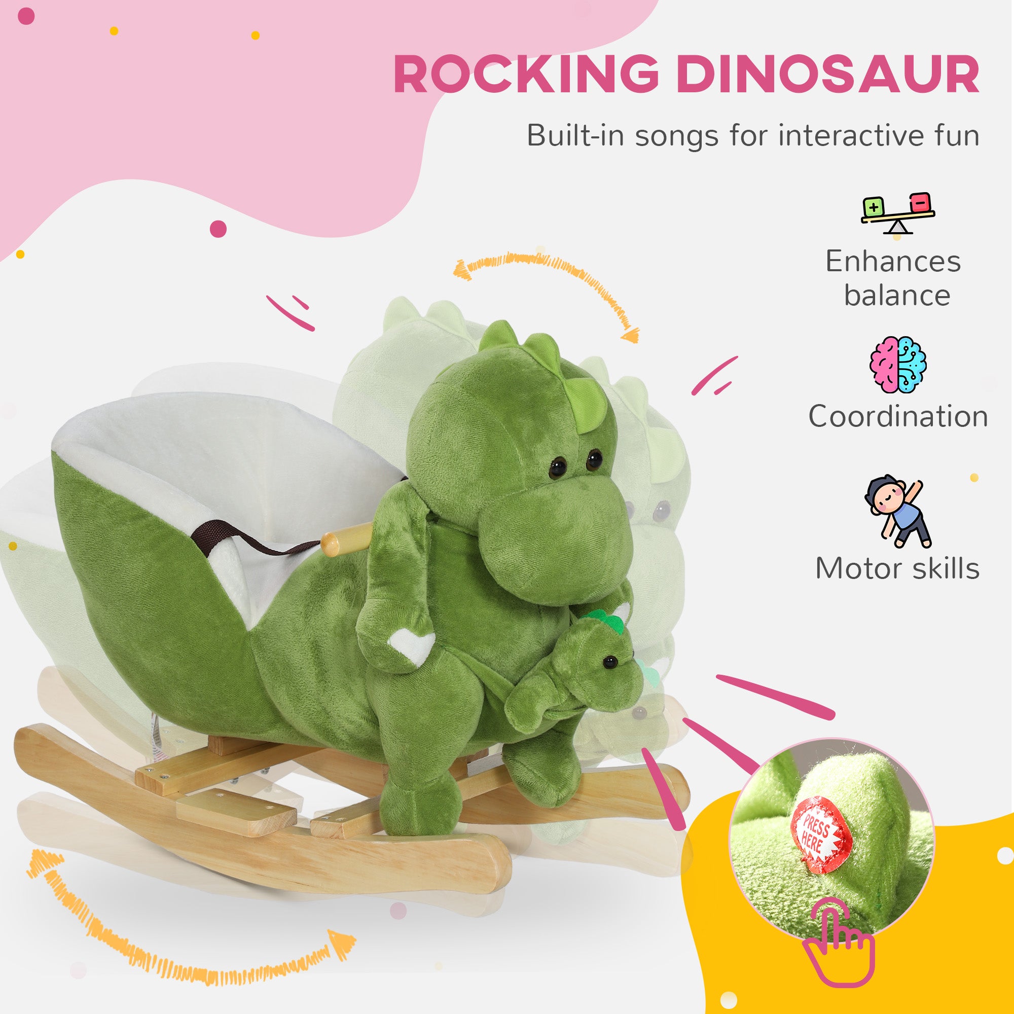 Rocking Horse, Ride on Dinosaur w/ Seat Belt, 32 Songs & Hand Puppet for 18-36 Months, Green