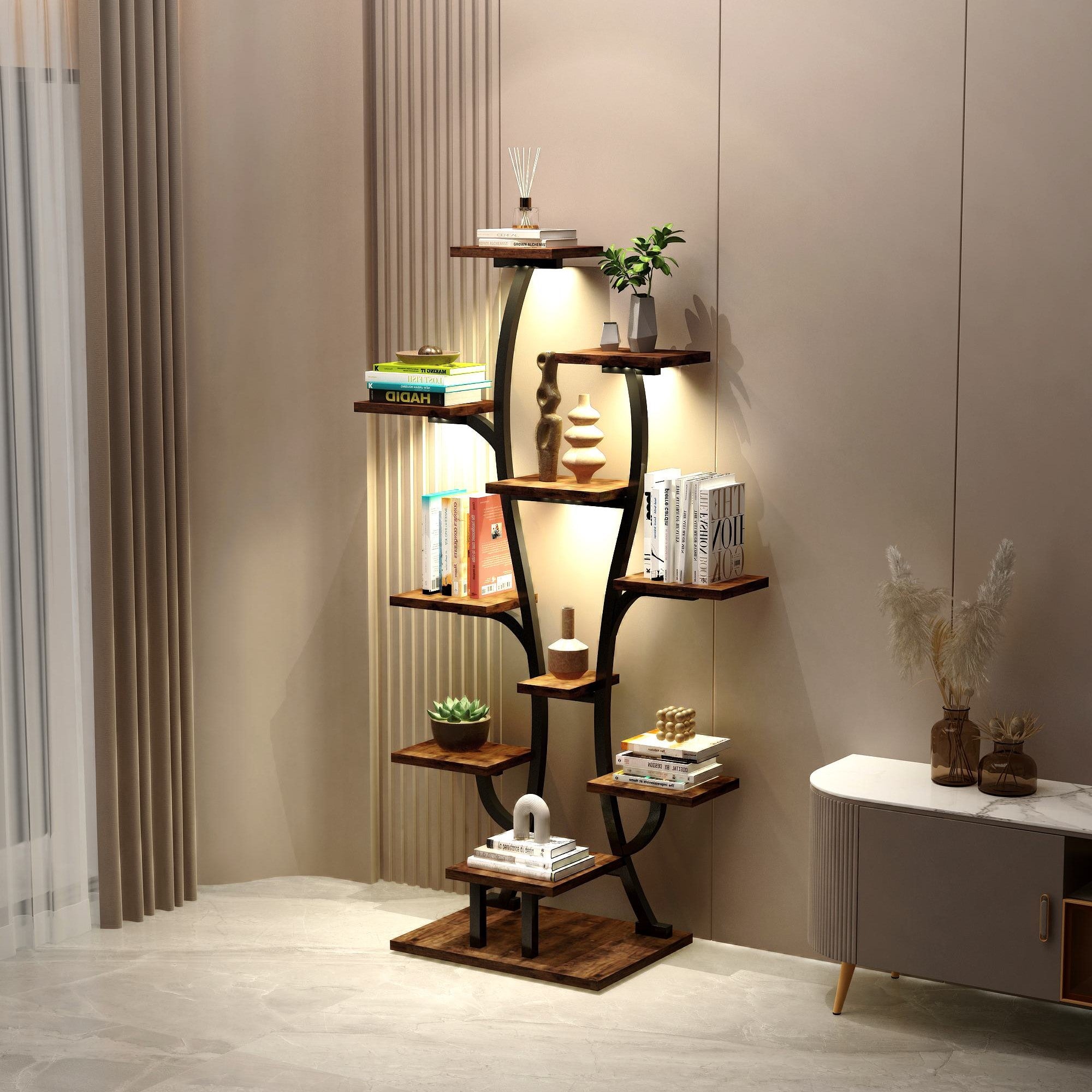 Indoor Plant Stand with Adjustable Grow Lights, Metal Vase-Shaped Plant Holder for Patio, 21.5″ L x 10″ W x 64.5″ H, Black+Dark Walnut