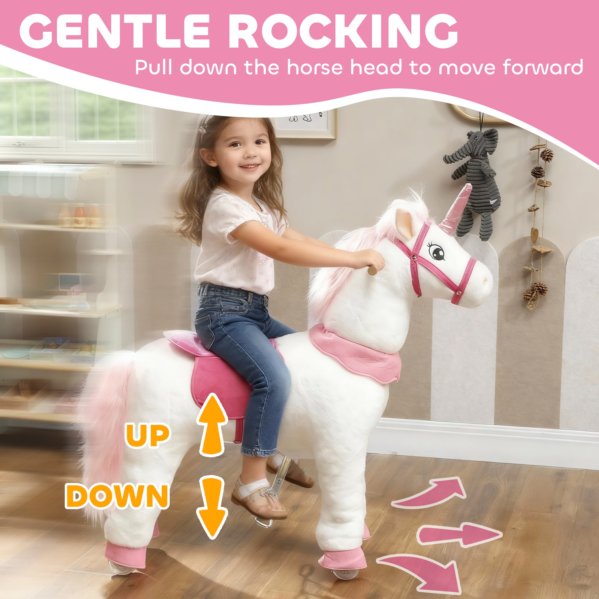 Ride on Unicorn Toy for Kids 4-7 Years, 37.8 Inch Plush Baby Rocking Horse with Wheels, No Battery Required, White