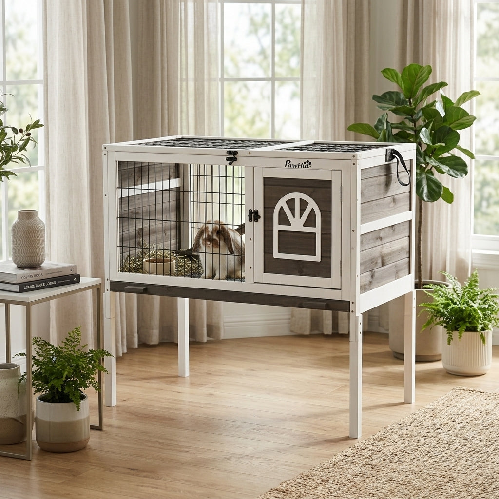 Wood Rabbit Hutch, Elevated Guinea Pig Cage with Run, Coffee