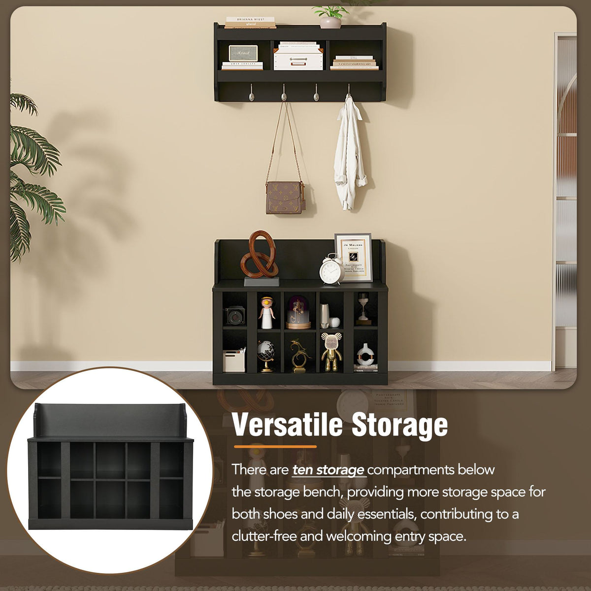 Shoe Cabinet Storage with Shelves and 4 Hooks, Elegant Hall Tree with Wall Mounted Coat Rack, Entryway Organizer for Hallway, Mudroom, Black