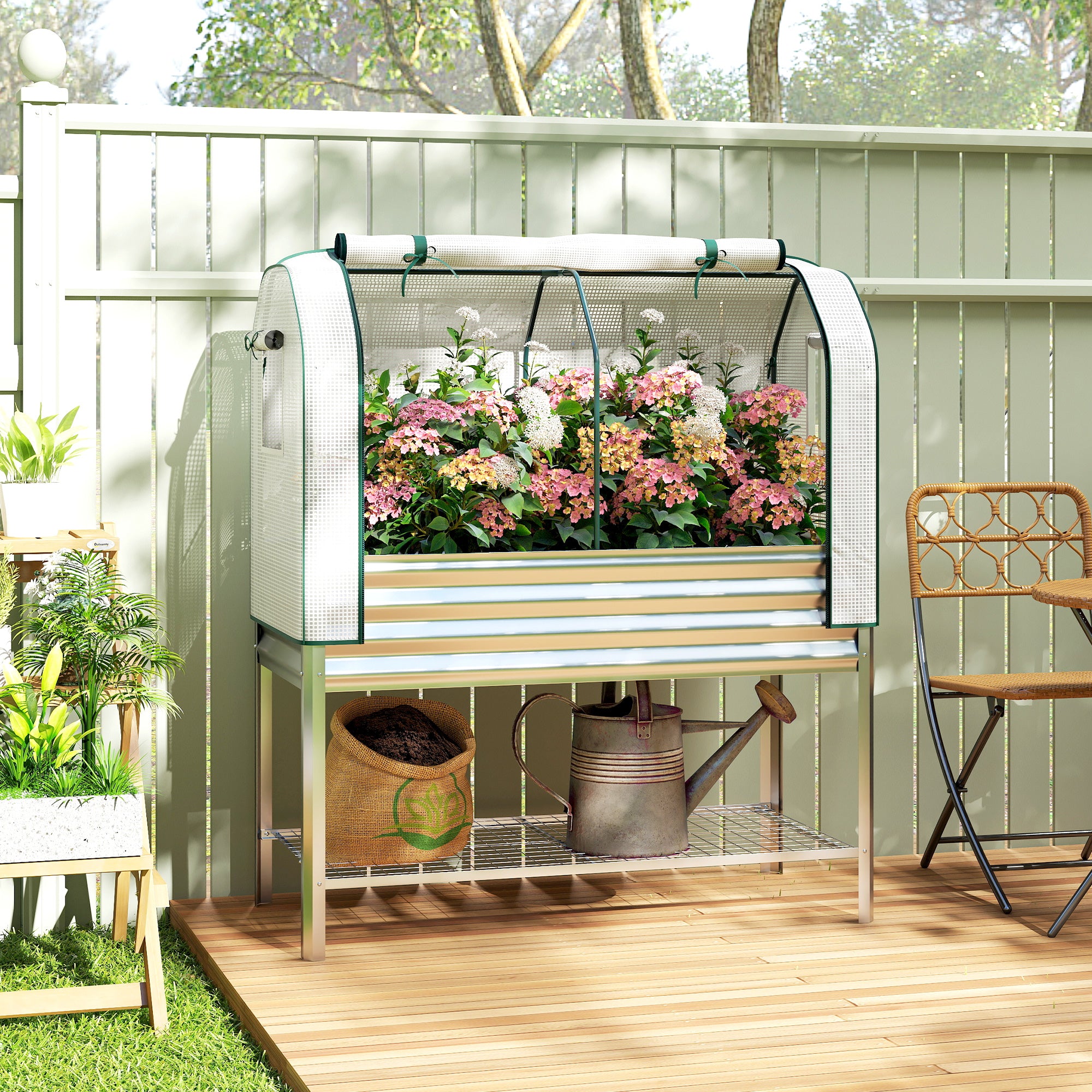 Galvanised Raised Garden Bed with Greenhouse Cover, Metal Elevated Garden Bed with Bed Liner, Bottom Shelf, Silver