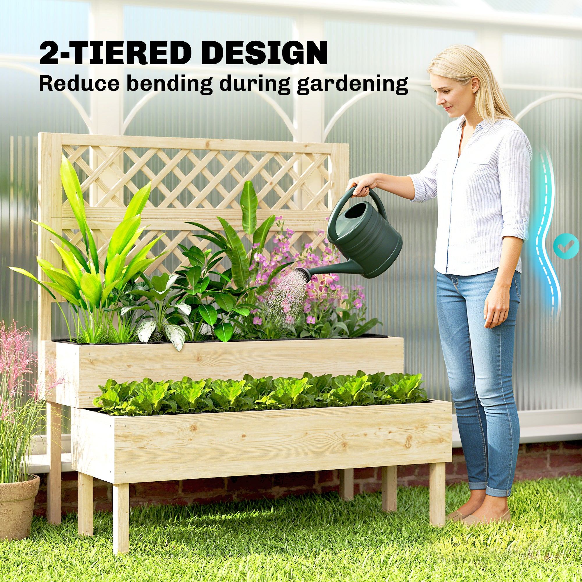 2-Tier Raised Garden Bed with Trellis, Elevated Planter Box for Climbing Plants, Natural