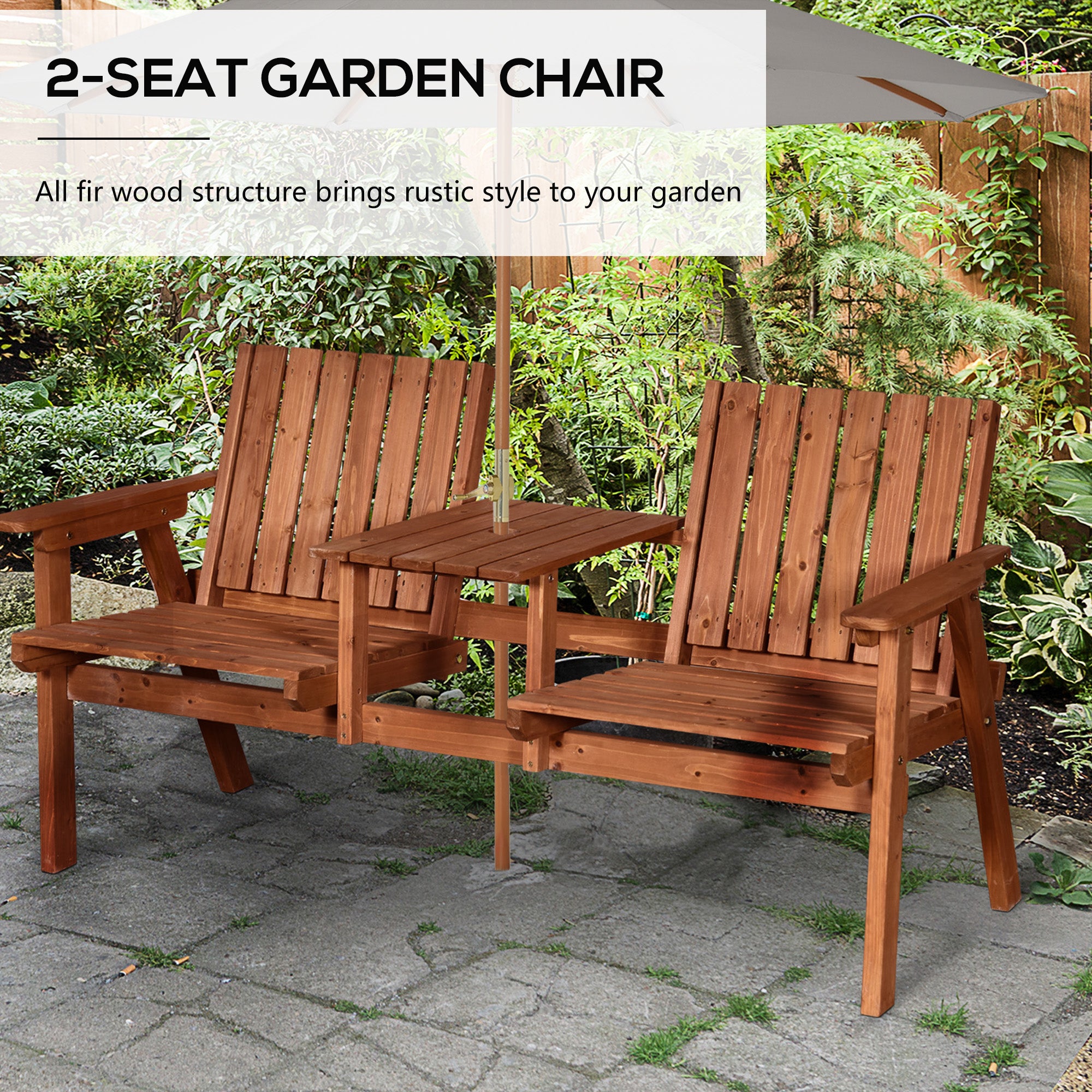 Patio Bench, Garden Bench with Middle Table and Umbrella Hole, Wooden Outdoor Bench for Patio, Porch, Poolside, Balcony, Orange