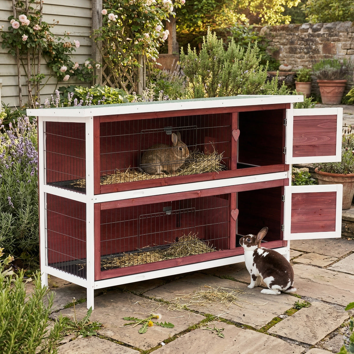 54" 2-Story Weatherproof Stackable Elevated Wooden Rabbit Hutch with Enclosed Run and Pull-Out Trays