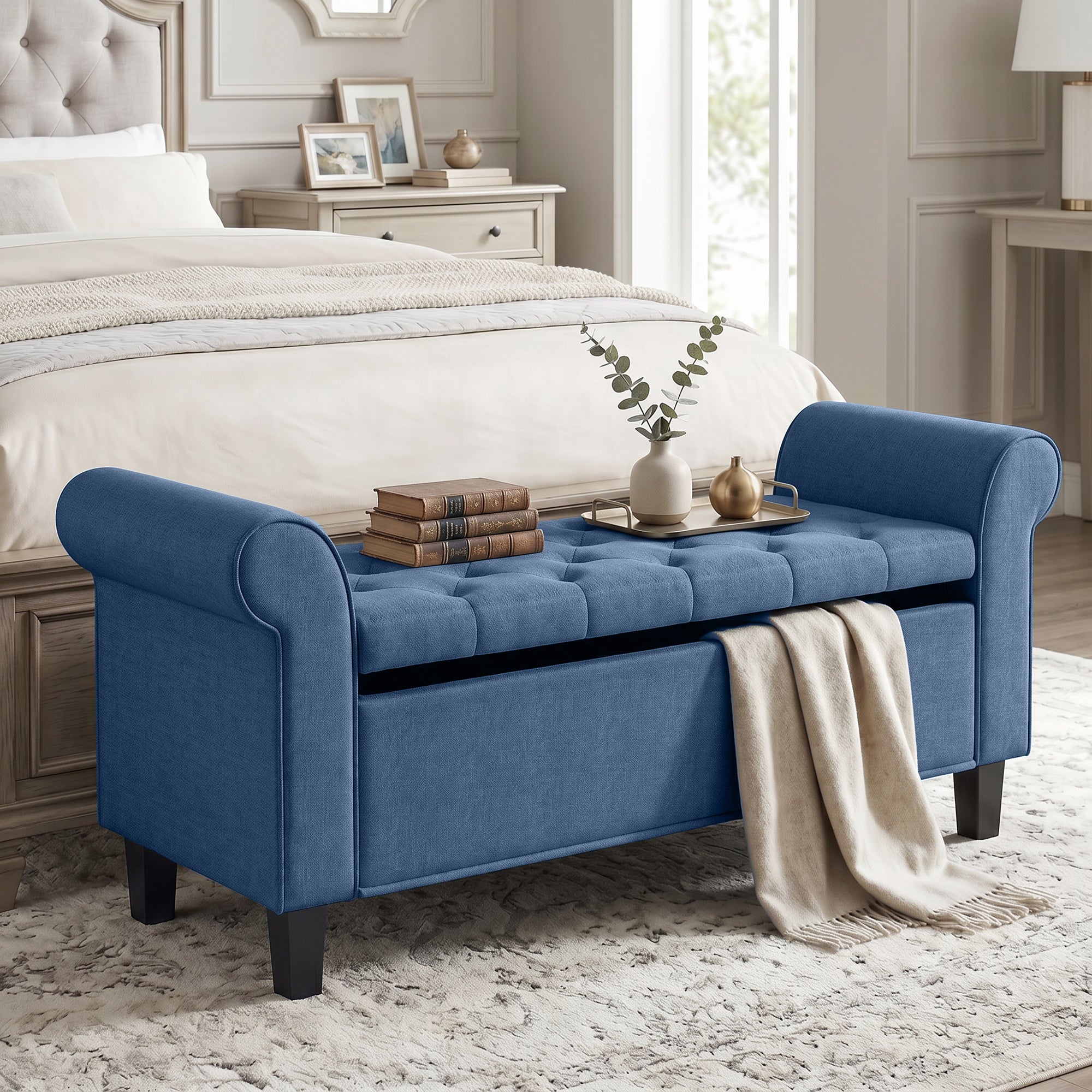47" Storage Ottoman Bench, Tufted End of Bed Bench with Rolled Arms, Safety Hinge, Wood Legs for Bedroom, Blue