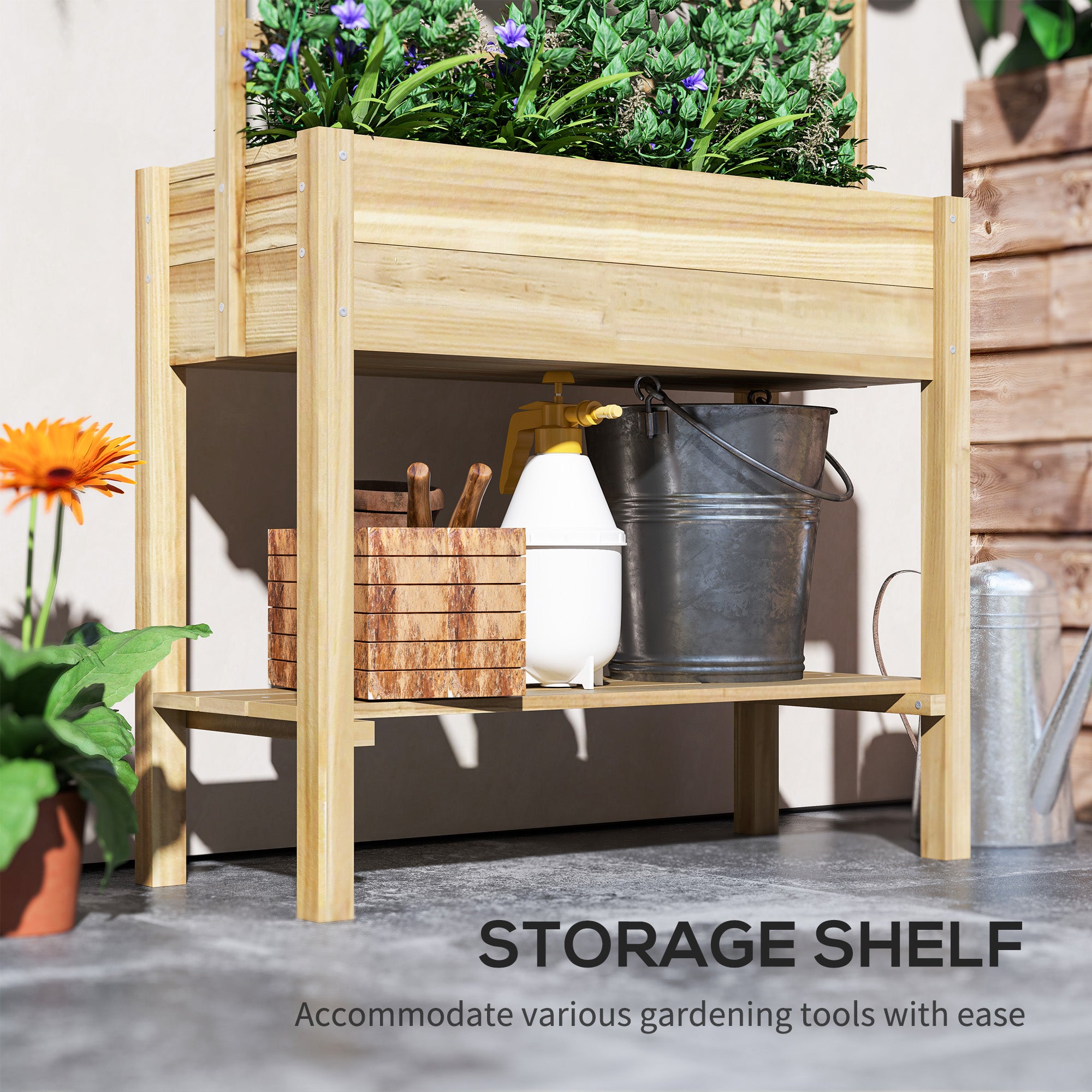 Wooden Raised Garden Bed with Trellis, Outdoor Planter Box with Storage Shelf for Vegetables, Flowers, Herbs
