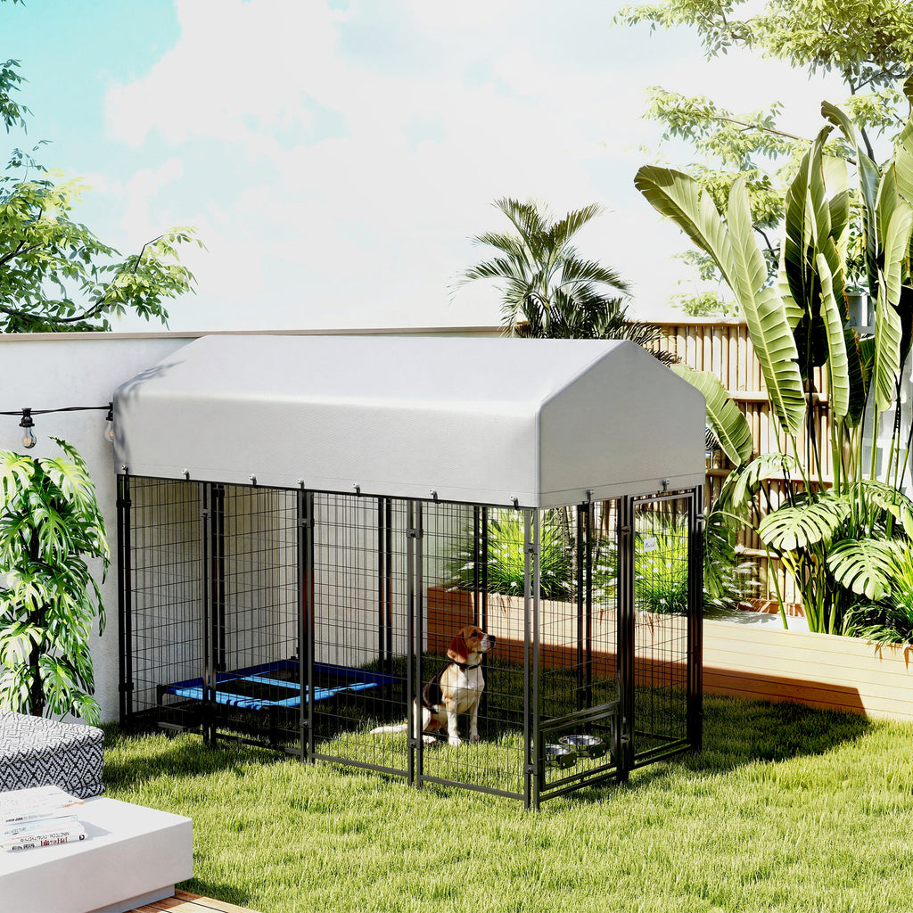 8' x 4' x 6' Outdoor Dog Kennel, Dog Kennel Outside Run with 360° Rotating Bowls, Waterproof & UV Resistant Cover