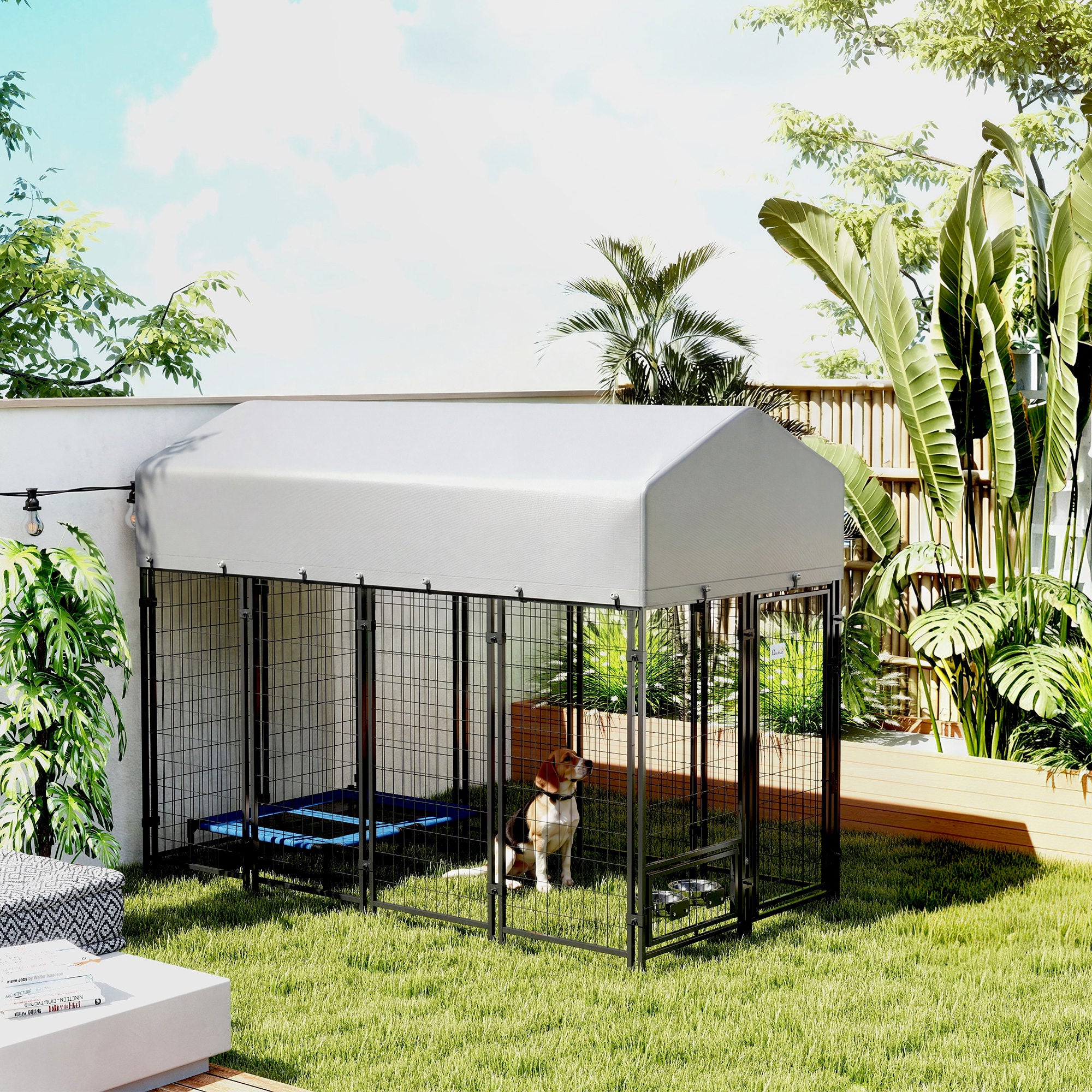 8' x 4' x 6' Outdoor Dog Kennel, Dog Kennel Outside Run with 360° Rotating Bowls, Waterproof & UV Resistant Cover