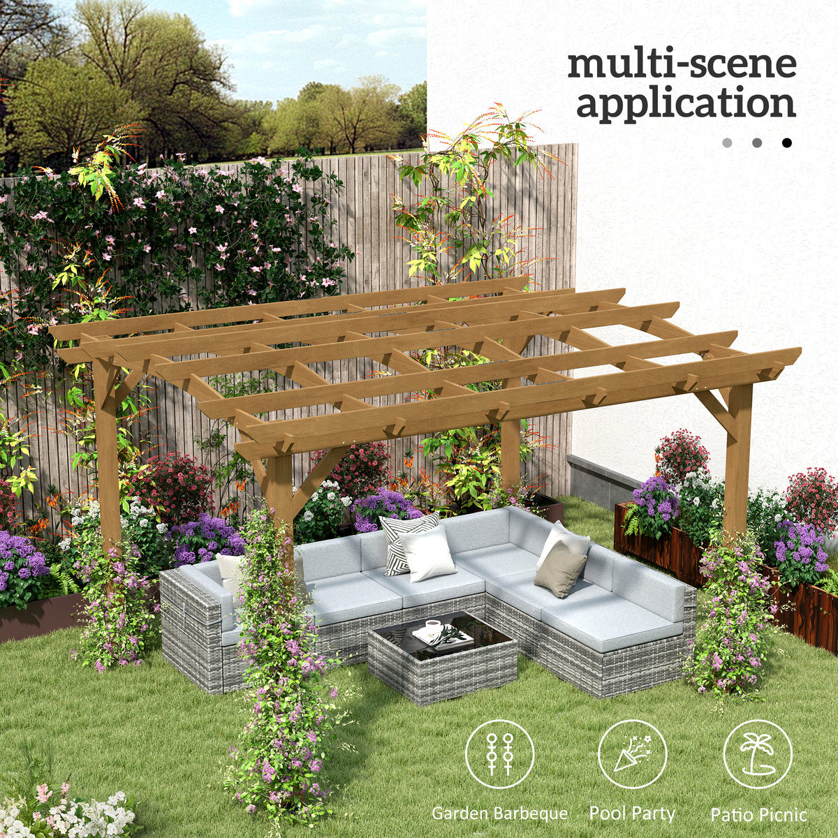 10' x 12' Wood Pergola, Outdoor Gazebo Grape Trellis with Arched Roof for Climbing Plant Support, Dark Brown