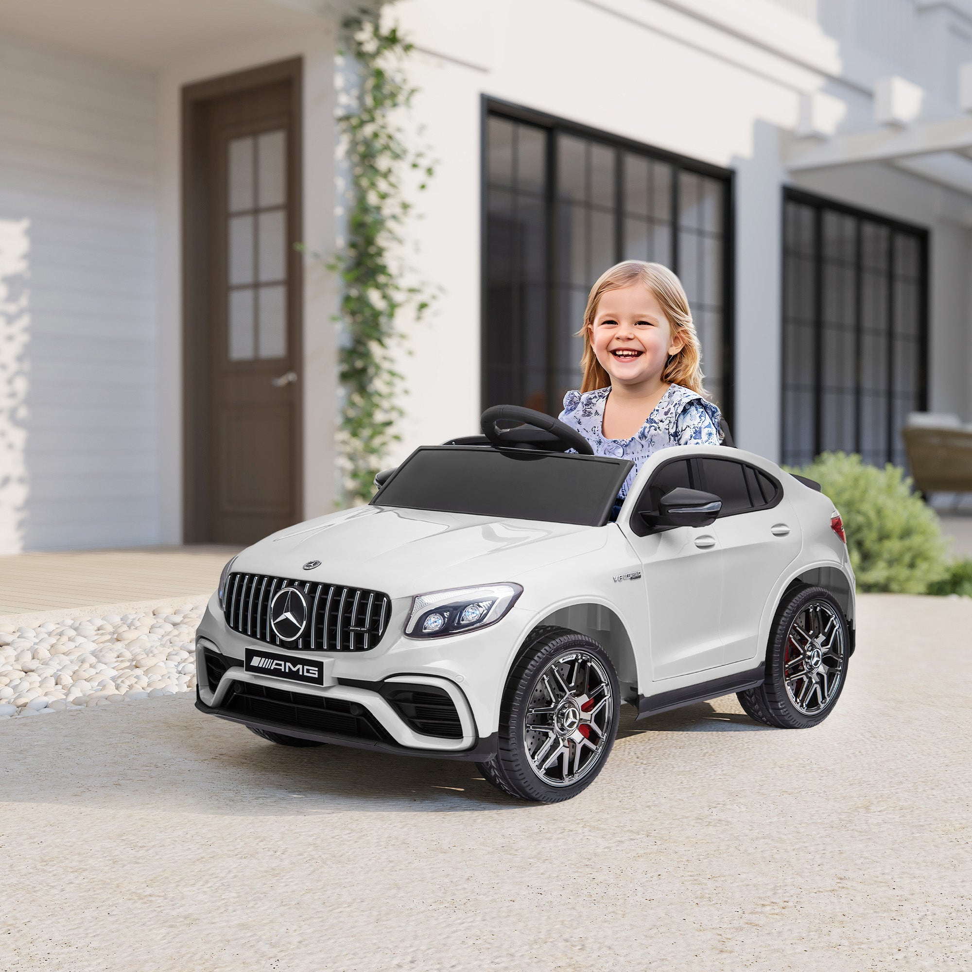 12V Toddler Ride On Car with Remote Control, AMG GLC63S Coupe, Electric Car with 2 Speed, MP3 Player, Light, Horn, Songs, Suspension, White