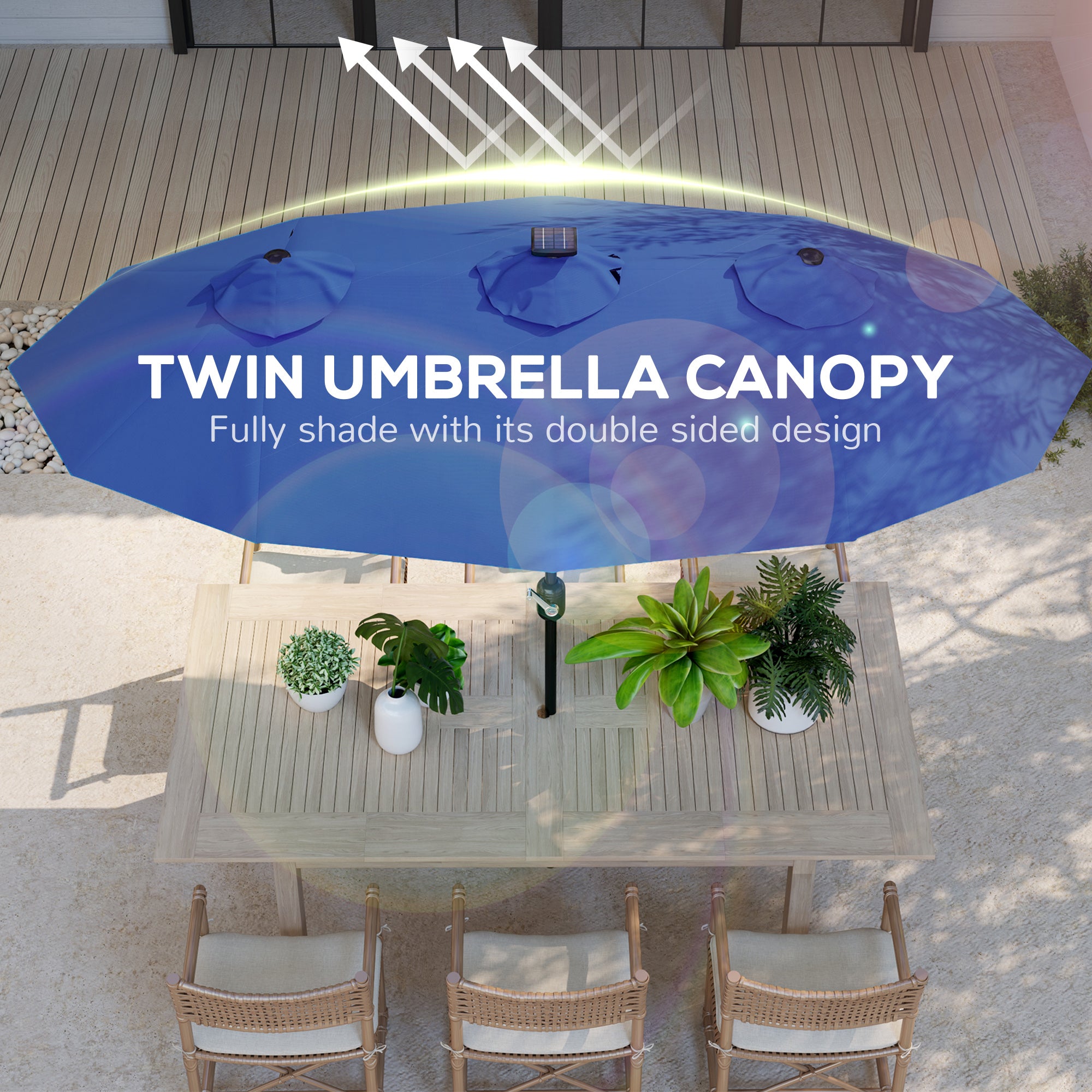 Double-sided Patio Umbrella, 9.7' Outdoor Umbrella with Tilt and Crank, LED Solar Light and 12 Ribs, Navy Blue