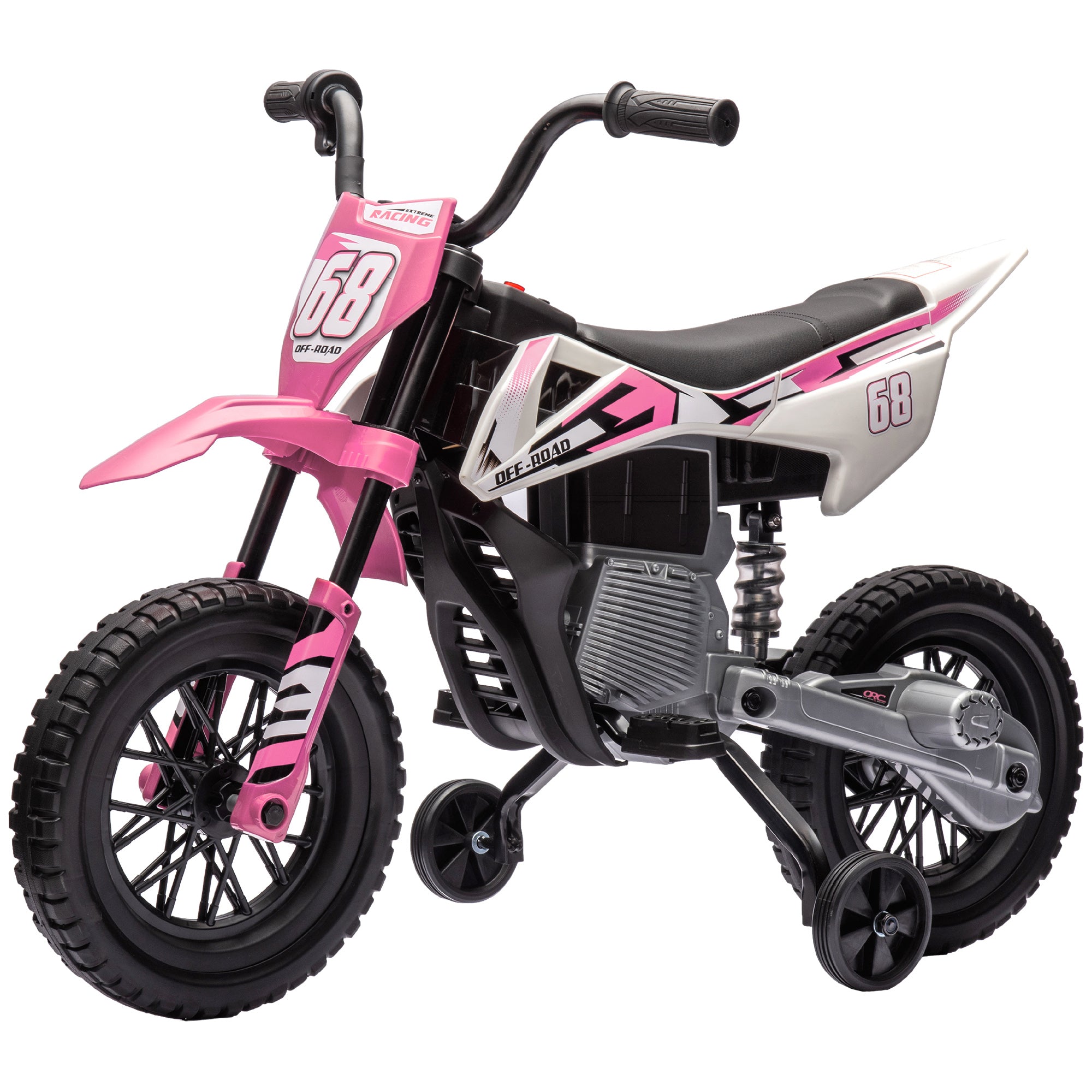12V Kids Electric Motorcycle w/ Twist Grip Throttle, Training Wheels, Rear Suspension & Music, Pink