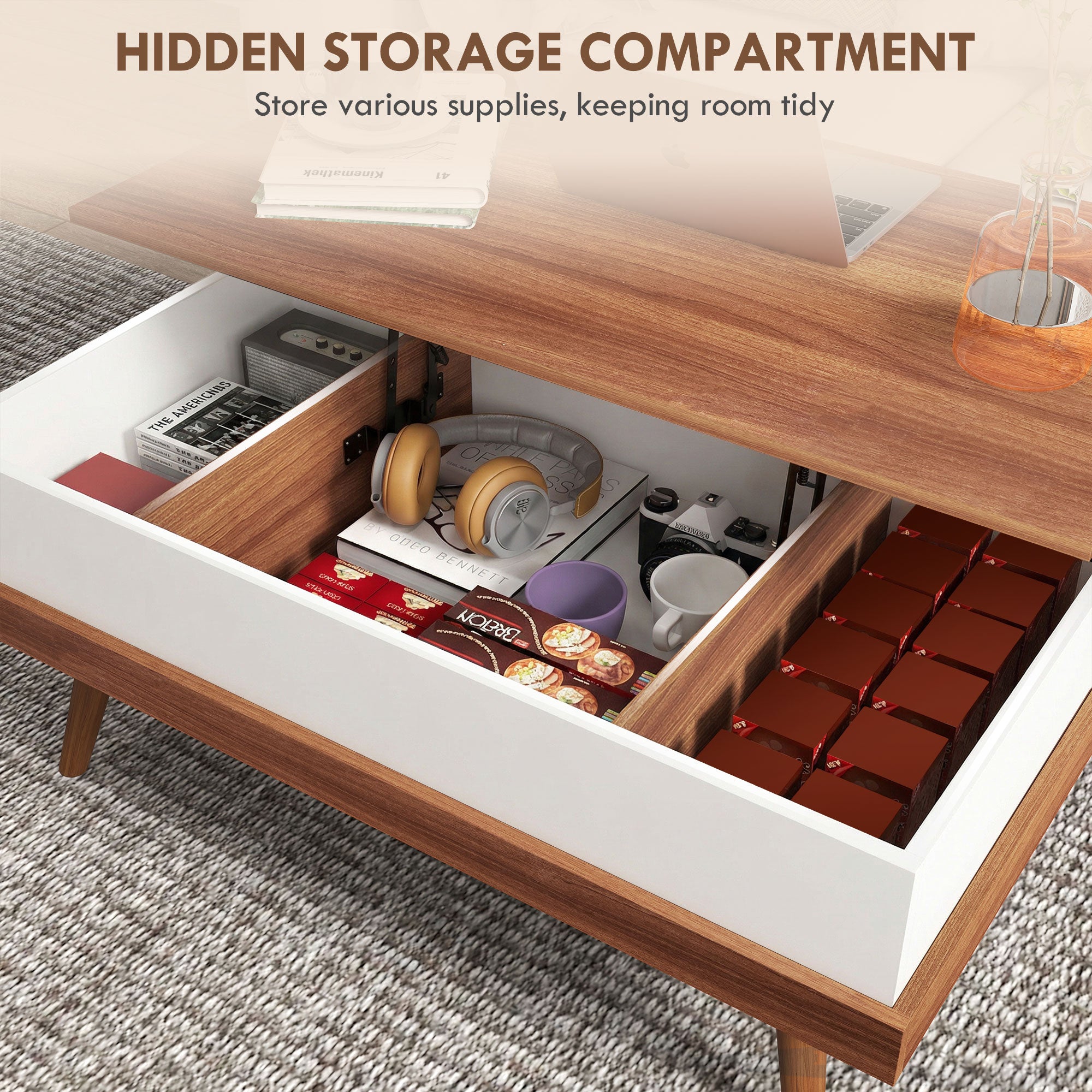 Lift Top Coffee Table with Hidden Compartments and Wood Legs, Walnut