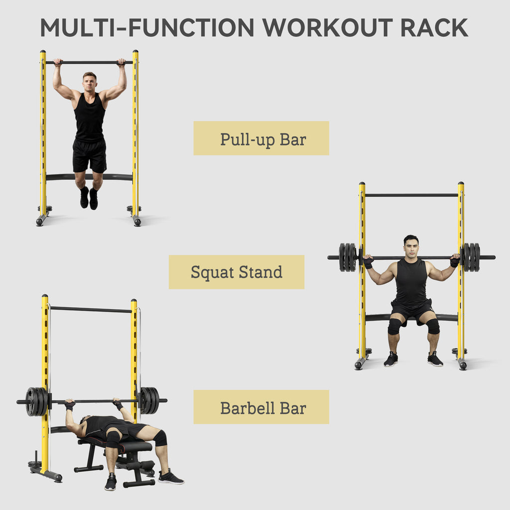 Squat Rack with Pull Up Bar and Barbell Bar Adjustable Bench Press Multi-Function Weight Lifting Half Rack, Yellow