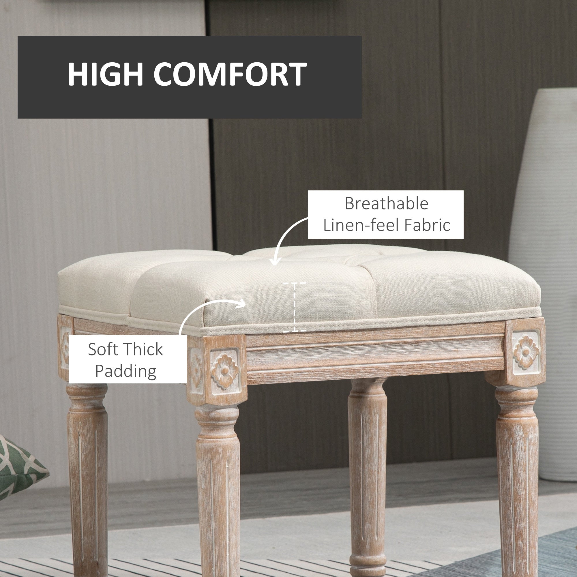 Ottoman Bench Vintage Footrest w/ Button Tufted Seat, Carved Wooden Legs, Beige