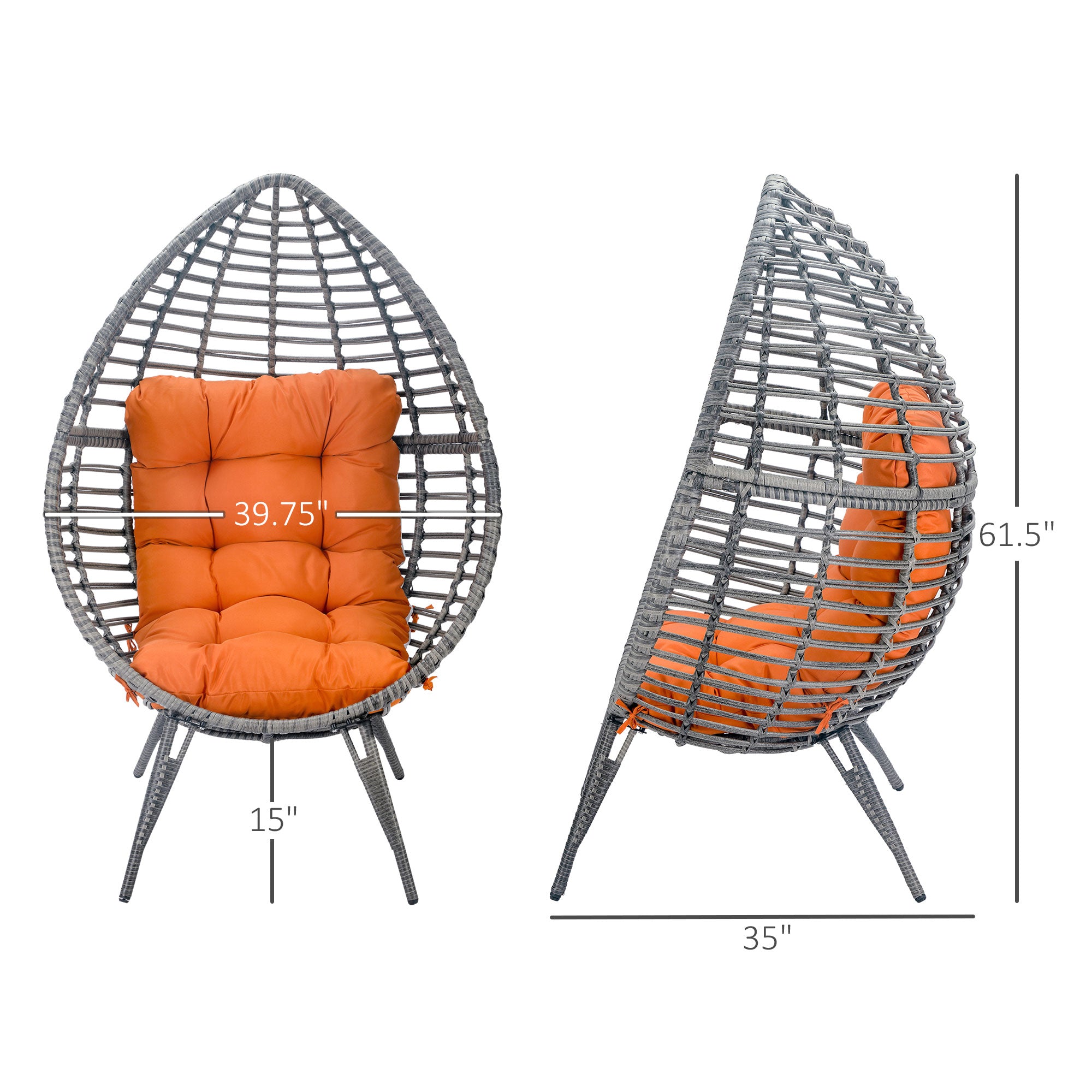 Patio Wicker Egg Chair w/ Soft Cushion, Teardrop Cuddle Seat, Outdoor / Indoor Patio Chair, PE Plastic Rattan Furniture with Adjustable Height Feet Pads, Orange