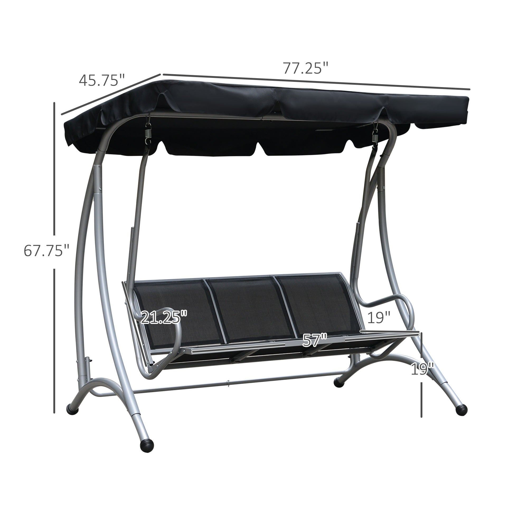 3-Seat Outdoor Porch Swing Chair, Patio Swing Glider with Adjustable Canopy, Breathable Seat, and Steel Frame for Garden, Poolside, Backyard, Black