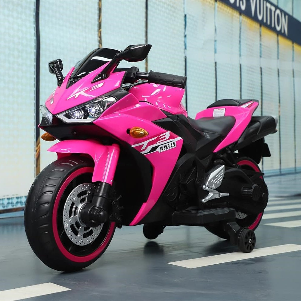 12V Kids Electric Ride-On Motorcycle with Training Wheels and Headlight, Motorbike with MP3 and Light-Up Wheels, 46" L x 20" W x 26" H, Pink