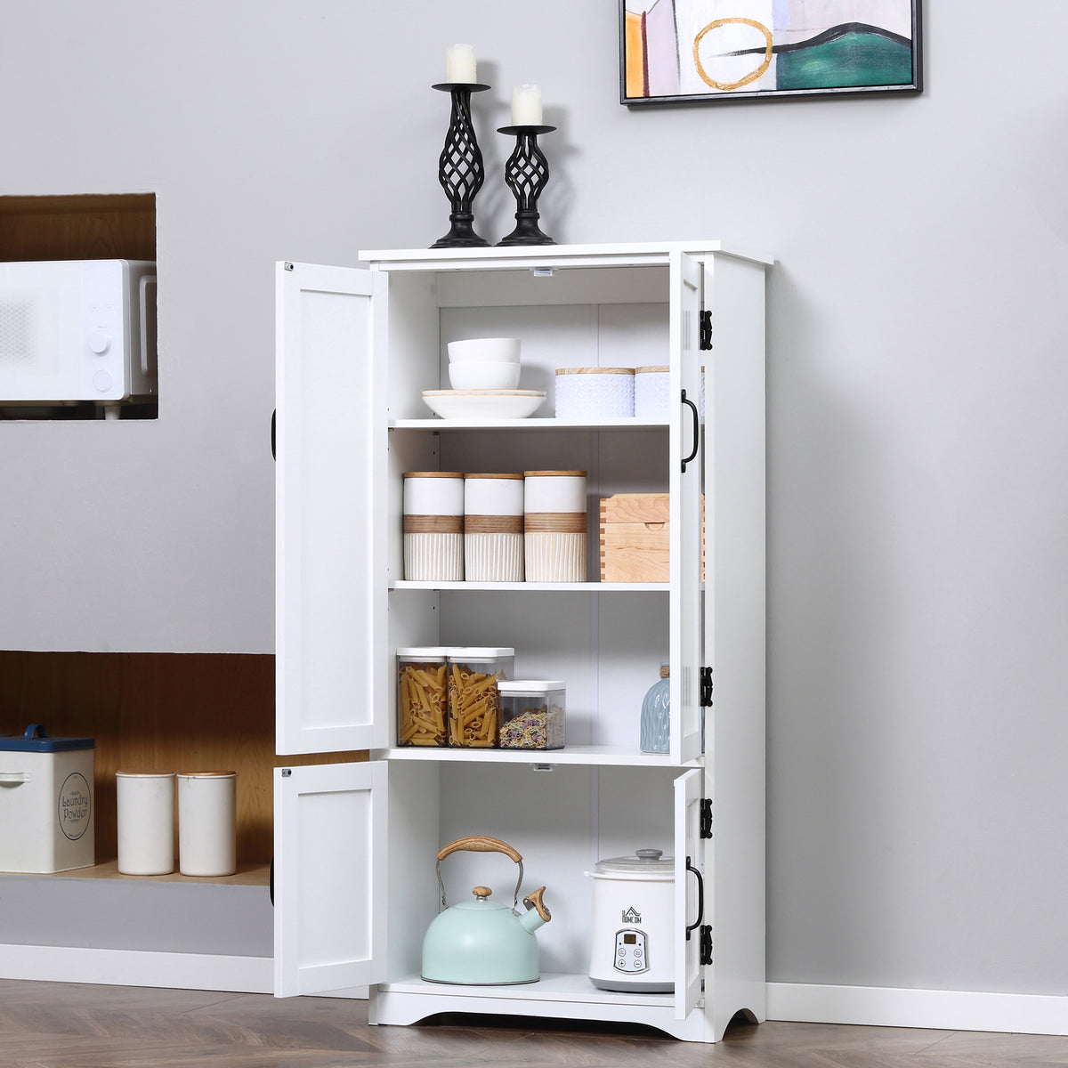 Accent Floor Storage Cabinet Kitchen Pantry with Adjustable Shelves and 2 Lower Doors, White