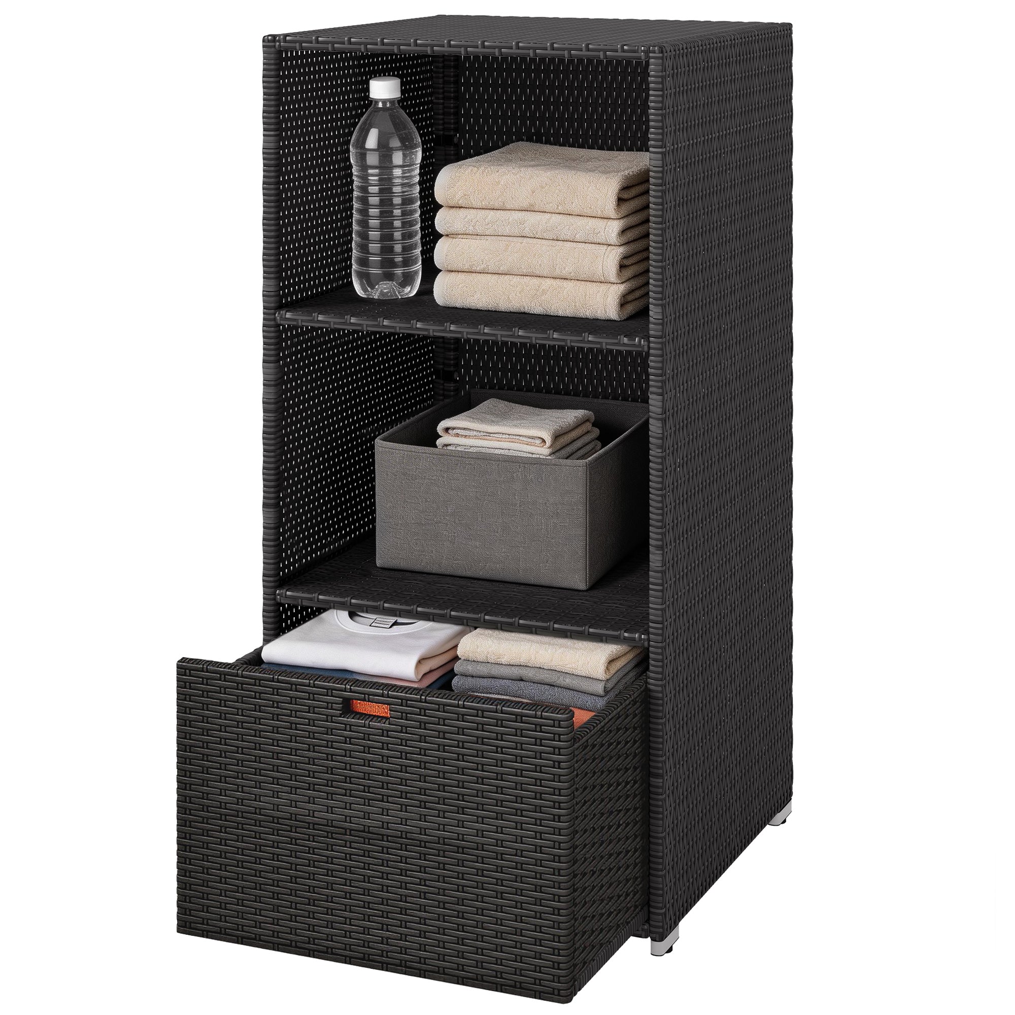 Valet Pool Towel Rack, Water-Resistant PE Plastic Rattan Wicker Storage Organizer, 2 Shelves, 1 Basket Drawer