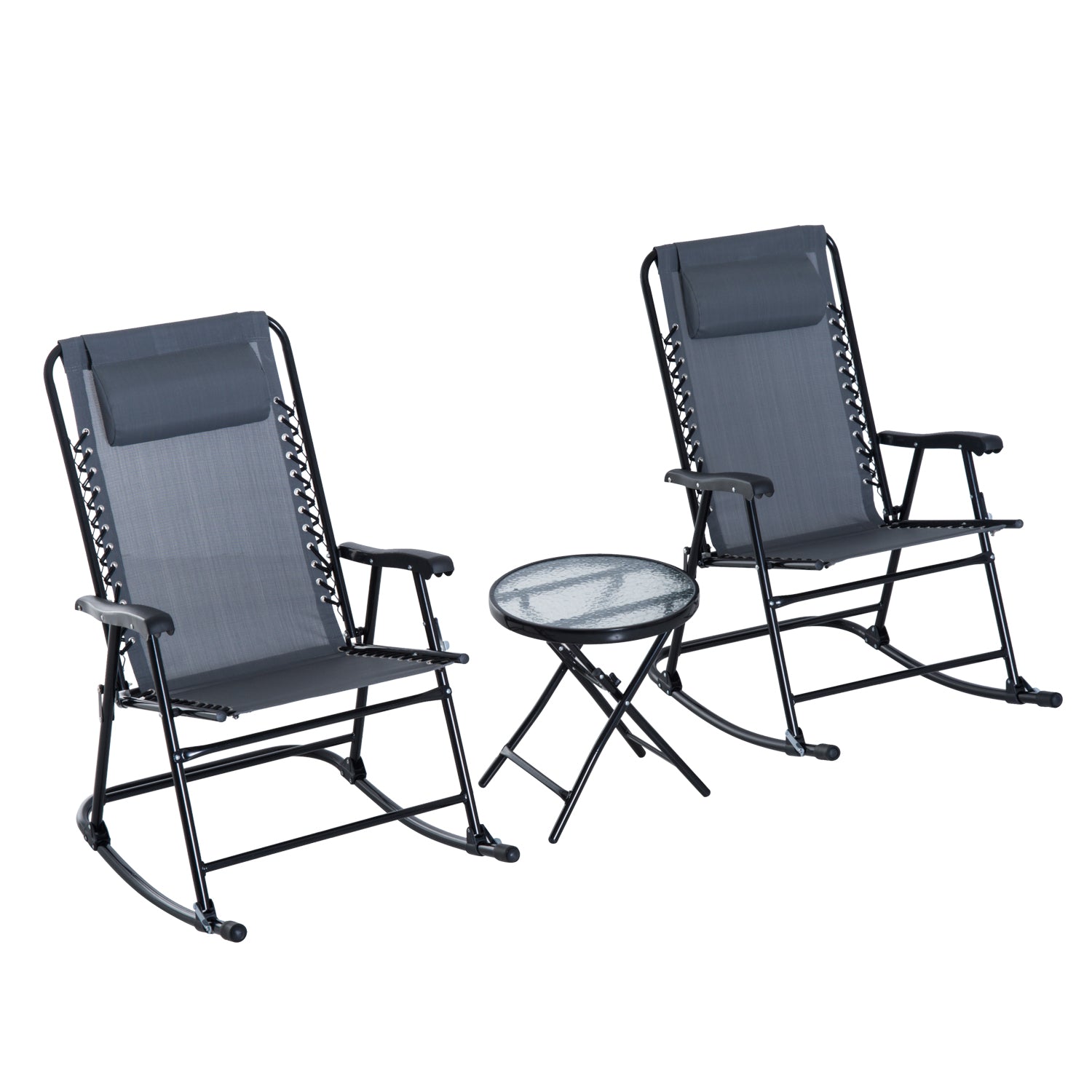 Outdoor Folding Rocking Chair Patio Table Seating Set, 2 Rocking Chairs with Armrests and 1 Side Table with Tempered Glass - Gray