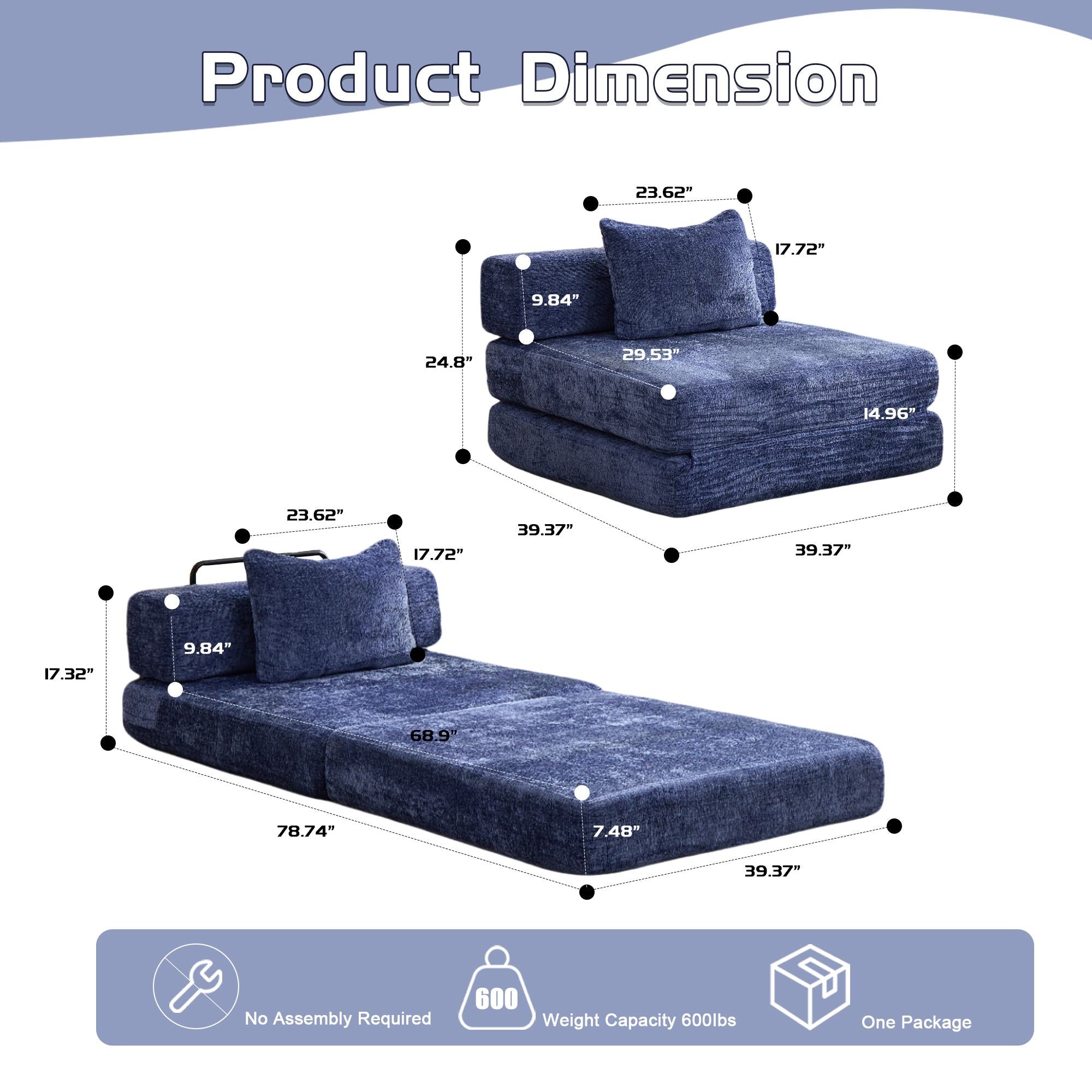 Compressed Sofa Convertible Floor Sofa Bed with Fixed-Shape Frame, Chenille Fabric, Modular Sofas for Small Spaces Single Chaise Longue for Apartments, 39.5" L x 39.5" W x 25" H, Dark Blue