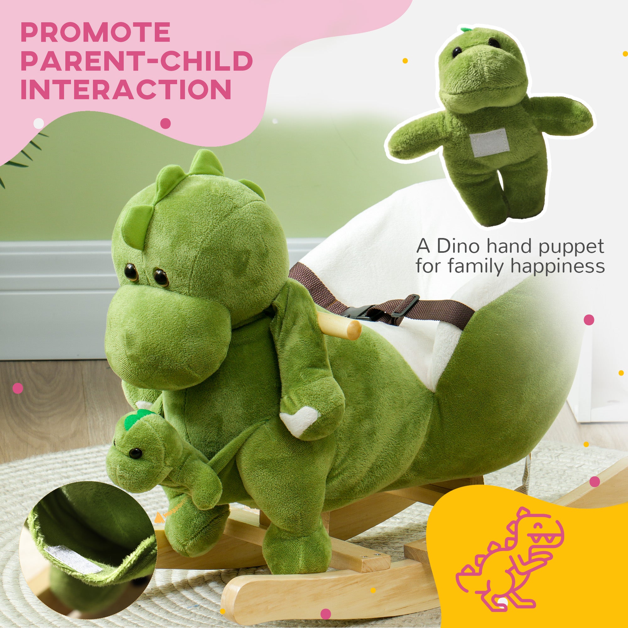 Rocking Horse, Ride on Dinosaur w/ Seat Belt, 32 Songs & Hand Puppet for 18-36 Months, Green
