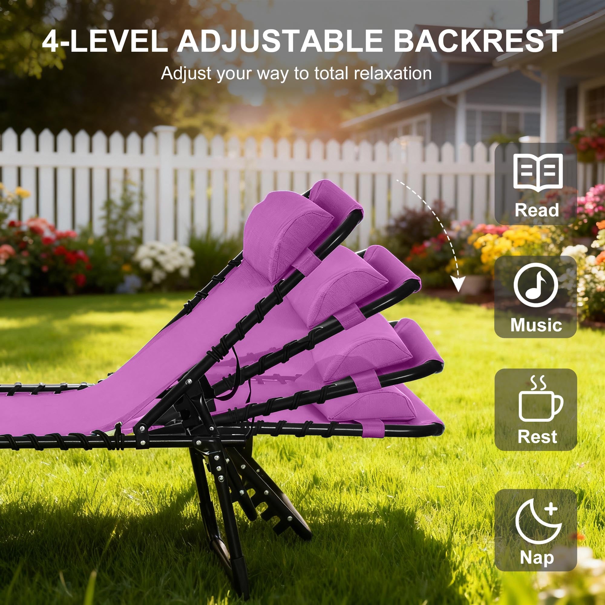 Folding Chaise Lounge Pool Chair with 4-Position Reclining Back, Pillow, Breathable Mesh & Bungee Seat, Purple