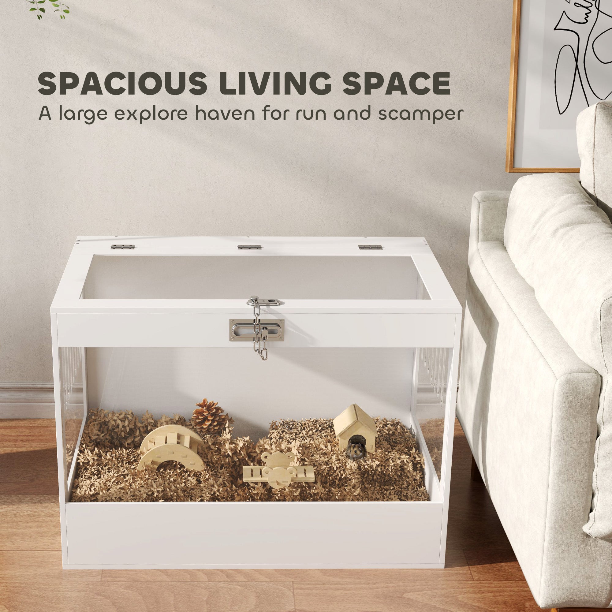 Hamster Cage with Openable Top & Lock, Hut, Transparent Acrylic Panels, Accessories, for Dwarf Hamster Gerbil, White