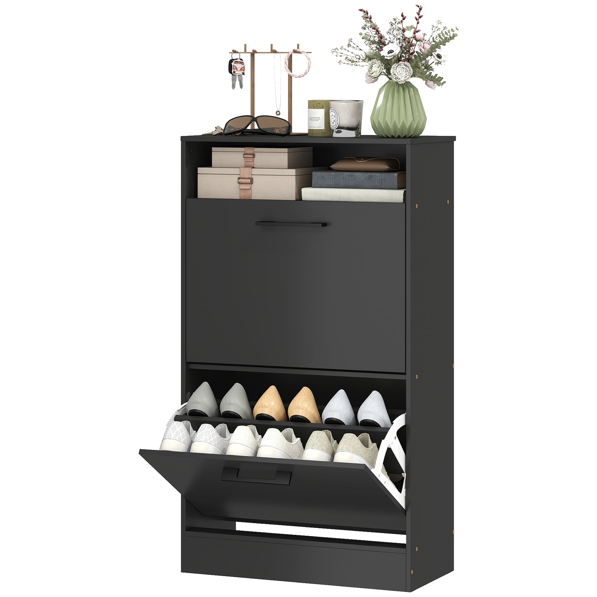 Shoe Cabinet 2 Flip Drawers Adjustable Dividers Shoe Storage Cabinet Top Shelf Entryway Black