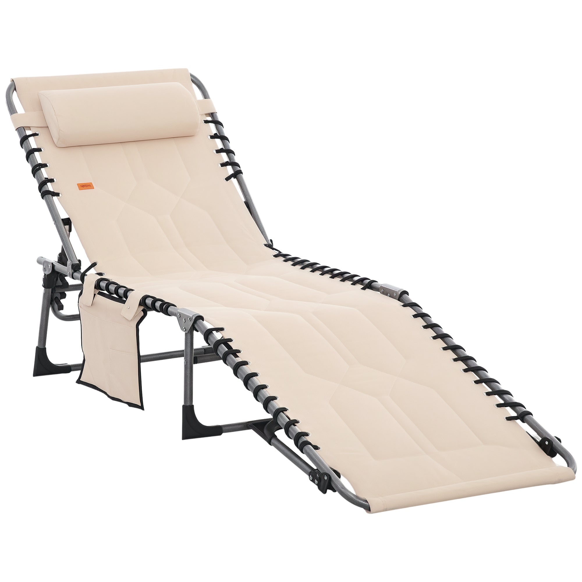 Padded Folding Chaise Lounge Chair, Outdoor 6-Level Reclining Camping Tanning Chair with Headrest for Beach, Yard, Patio, Pool, Beige
