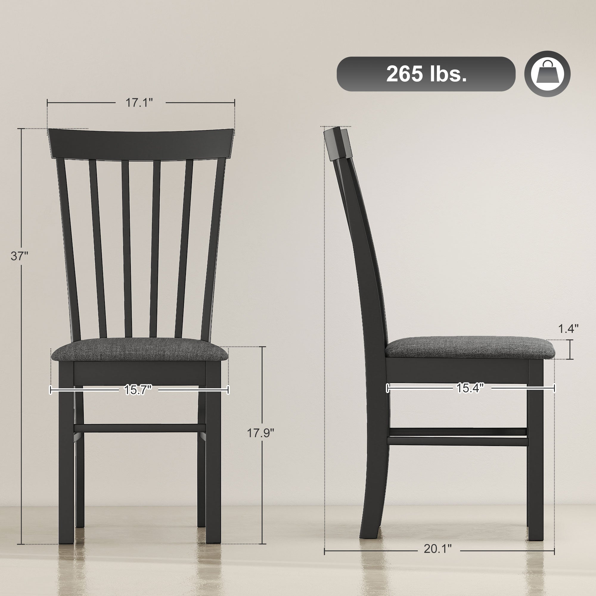 Wooden Dining Chairs Set of 4, Farmhouse Upholstered Kitchen Chairs with Rubber Wood Frame, Black and Gray